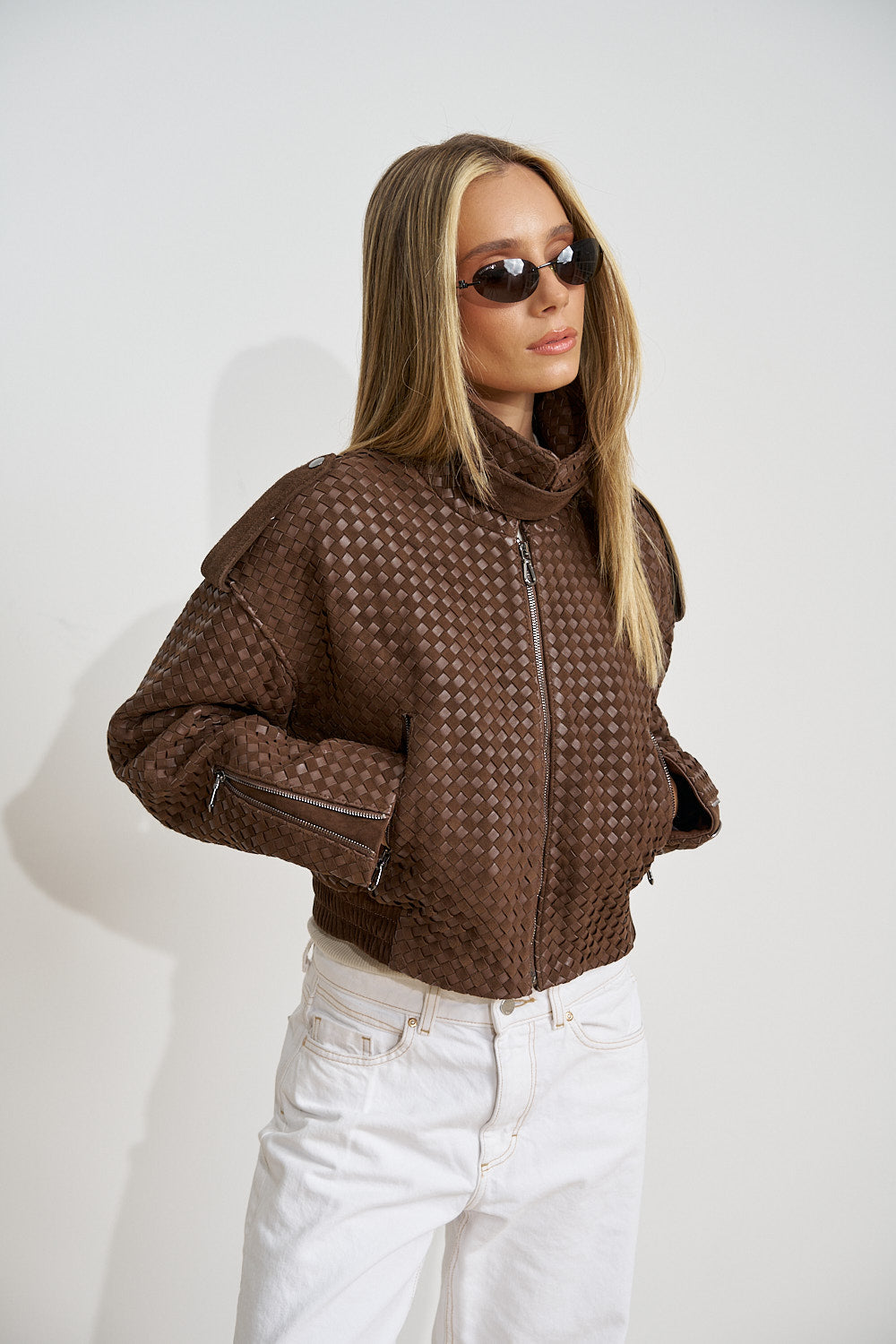 Geacă din Piele Naturală Împletită, Crop, Chocolate Brown 661