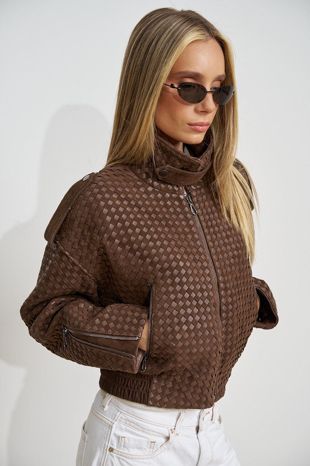 Geacă din Piele Naturală Împletită, Crop, Chocolate Brown 661