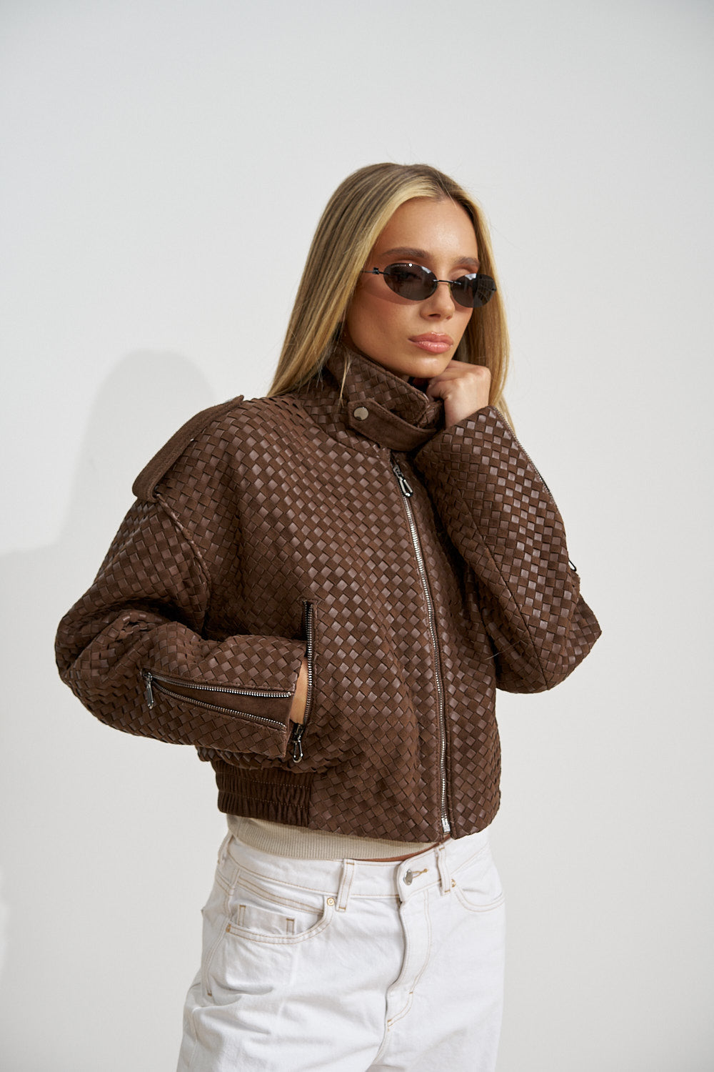 Geacă din Piele Naturală Împletită, Crop, Chocolate Brown 661