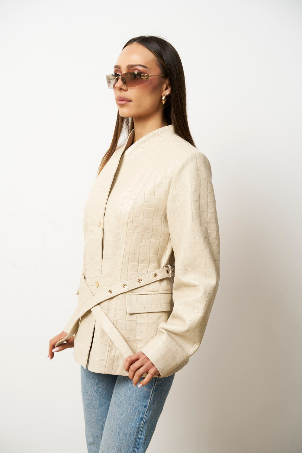 Geacă din Piele Naturală Texturată Crocodil, Cabrata, Bej, pentru Femei, Mareus