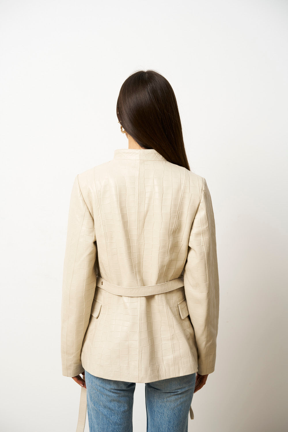 Geacă din Piele Naturală Texturată Crocodil, Cabrata, Bej, pentru Femei, Mareus