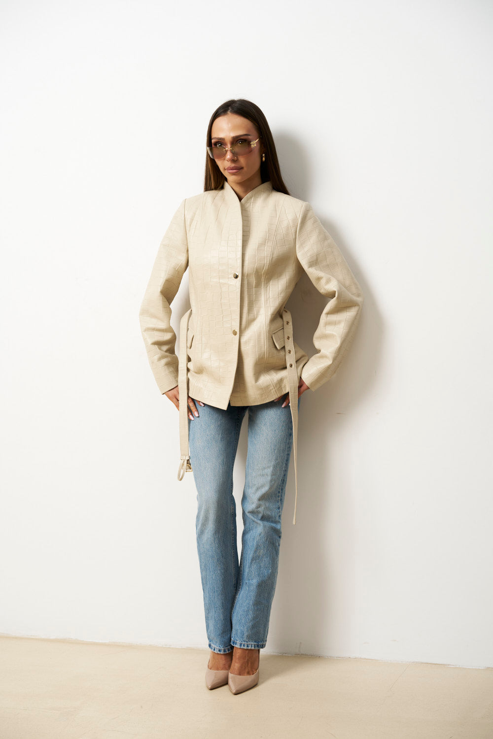 Geacă din Piele Naturală Texturată Crocodil, Cabrata, Bej, pentru Femei, Mareus