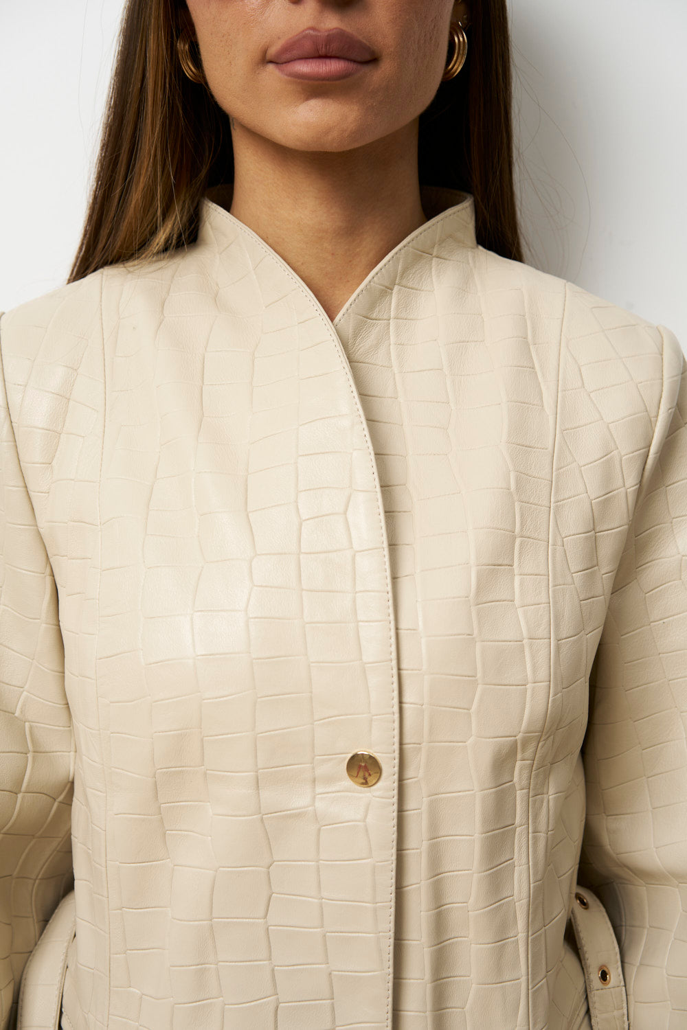 Geacă din Piele Naturală Texturată Crocodil, Cabrata, Bej, pentru Femei, Mareus