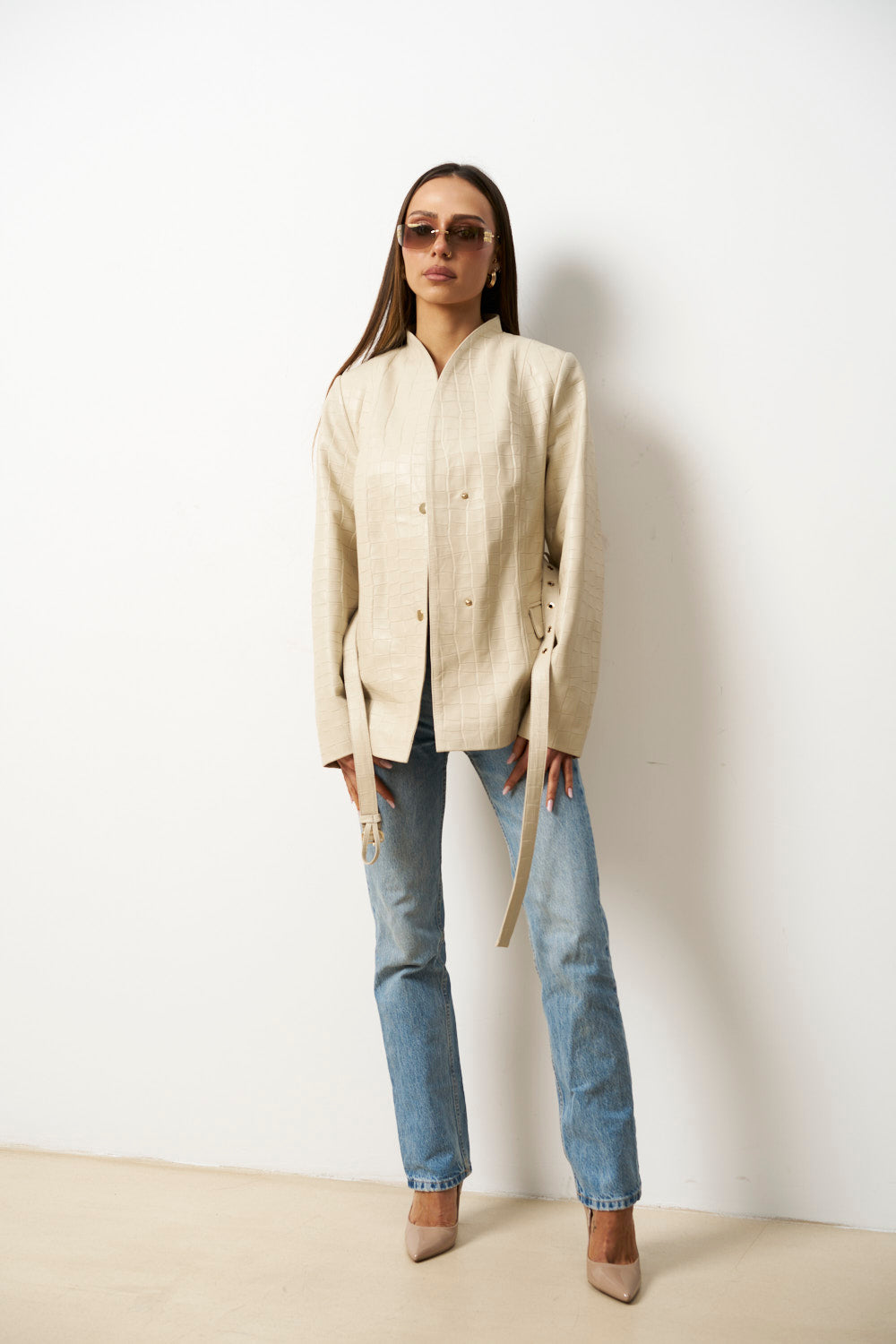 Geacă din Piele Naturală Texturată Crocodil, Cabrata, Bej, pentru Femei, Mareus