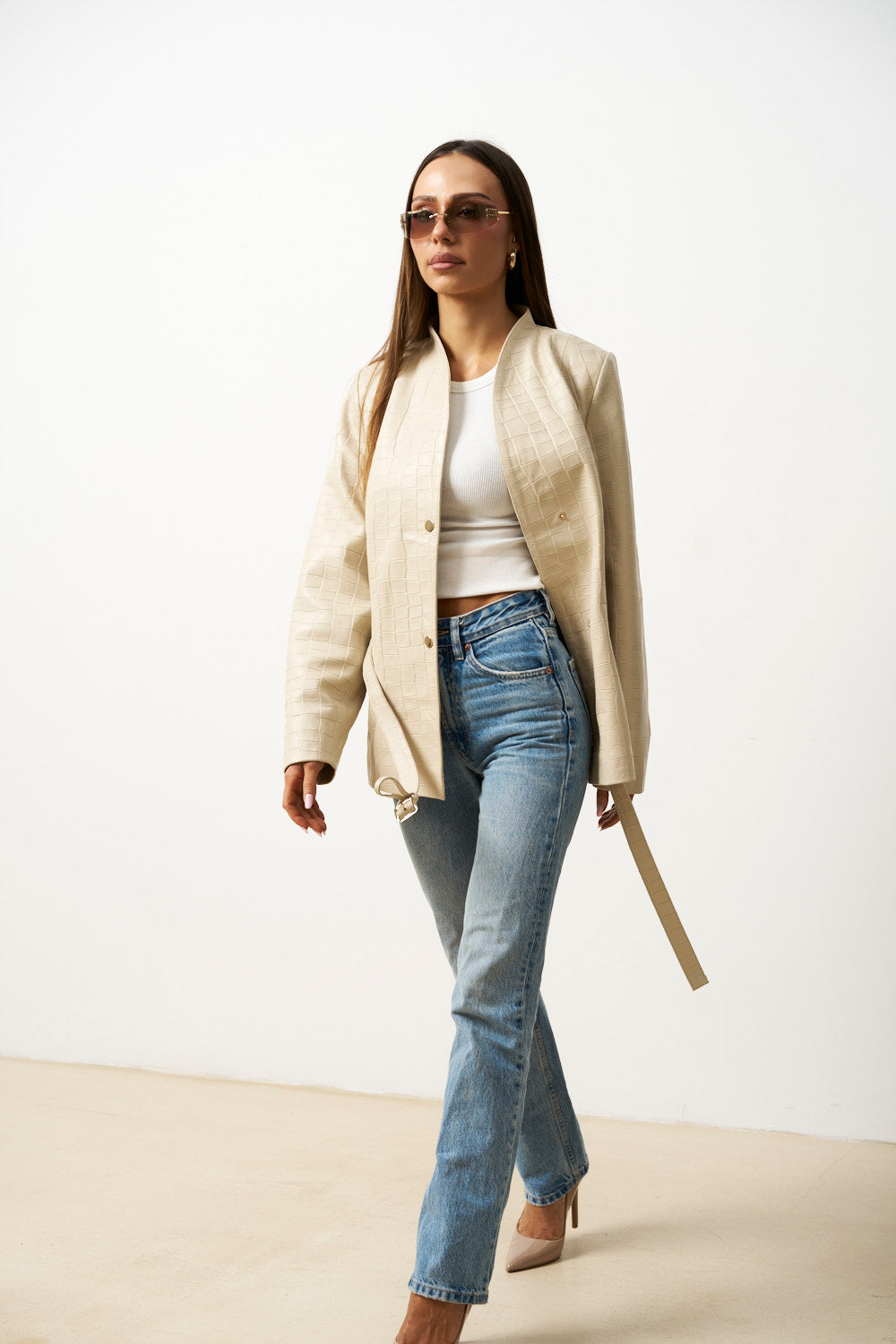 Geacă din Piele Naturală Texturată Crocodil, Cabrata, Bej, pentru Femei, Mareus