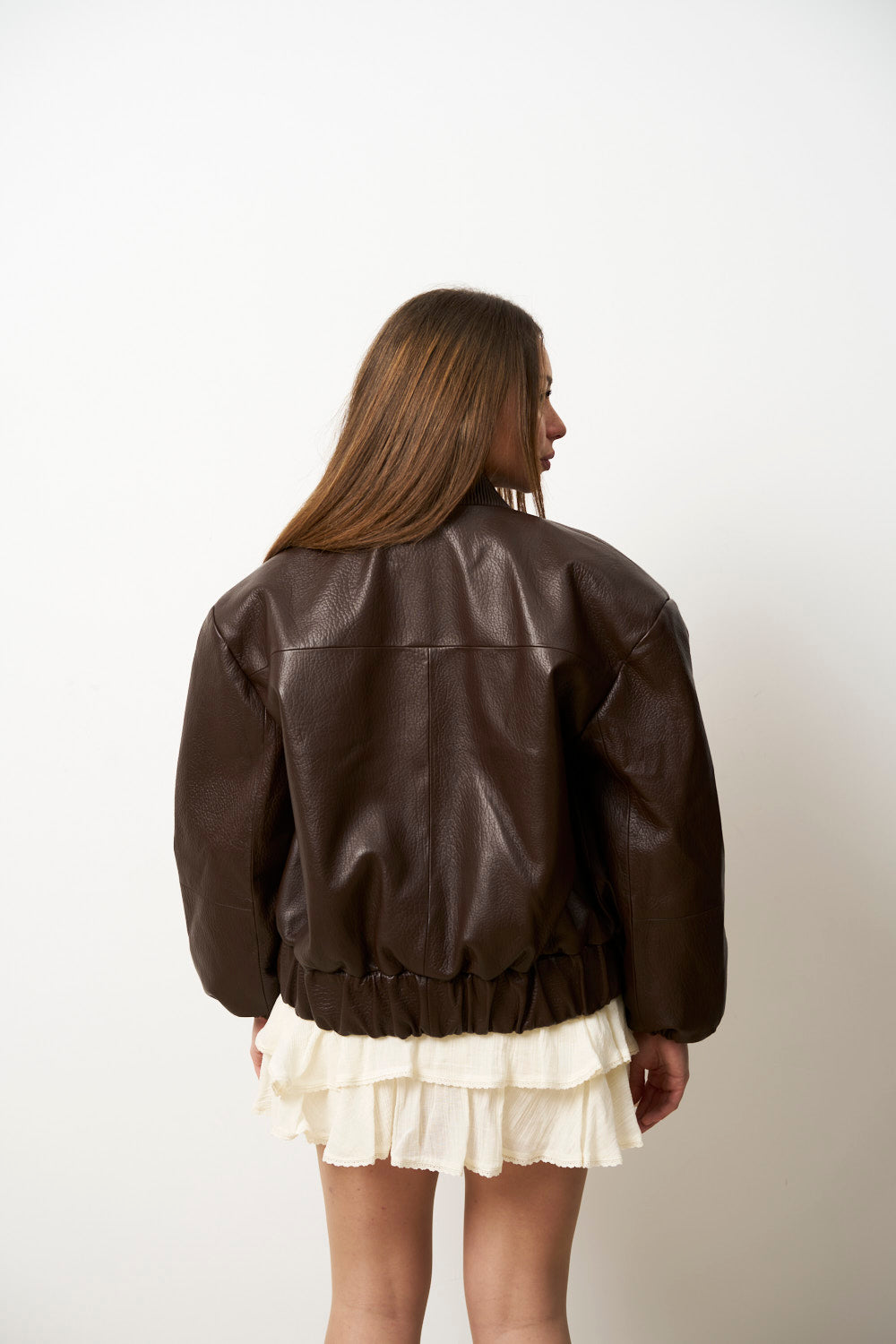 Geacă din Piele Naturală pentru Femei, Oversized, Bomber, Maro, Mareus