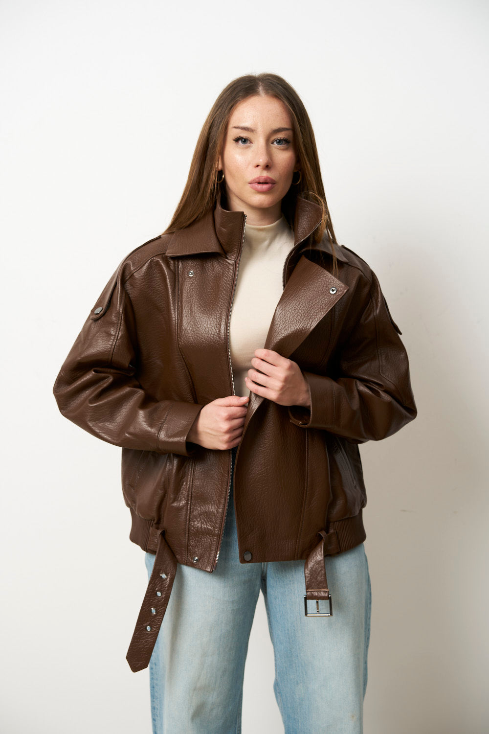 Geacă din Piele Naturală pentru Femei, Oversized, Bomber, Maro, Mareus