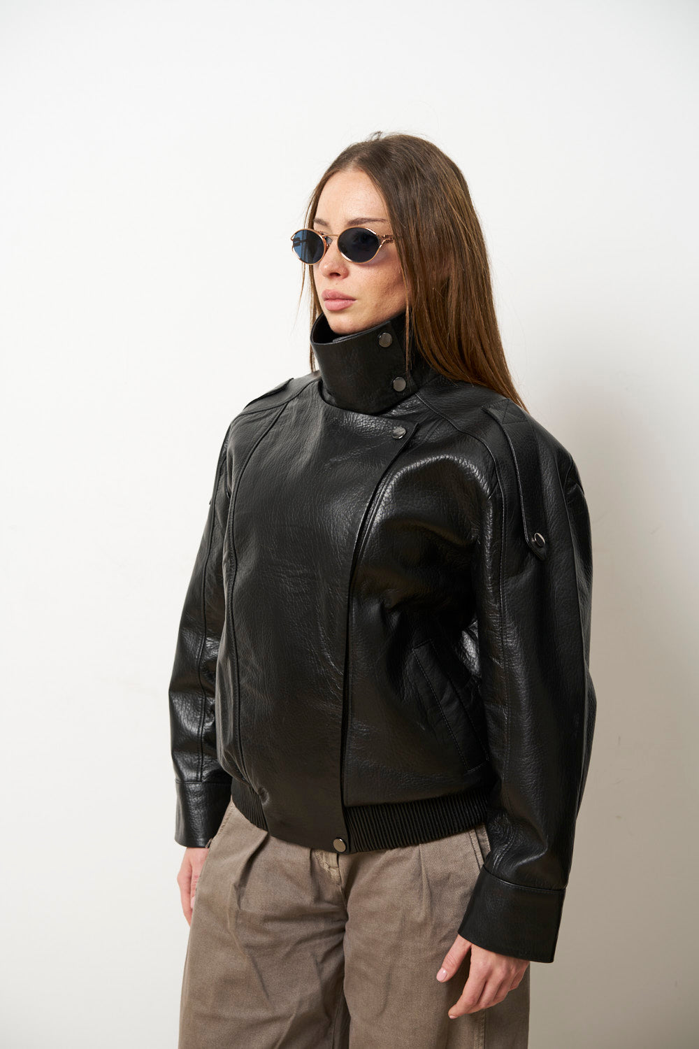 Geacă din Piele Naturală pentru Femei, Oversized, Bomber, Neagra, Mareus