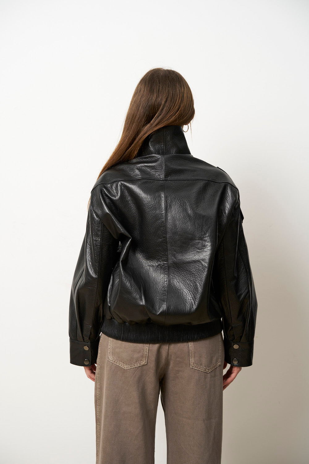 Geacă din Piele Naturală pentru Femei, Oversized, Bomber, Neagra, Mareus