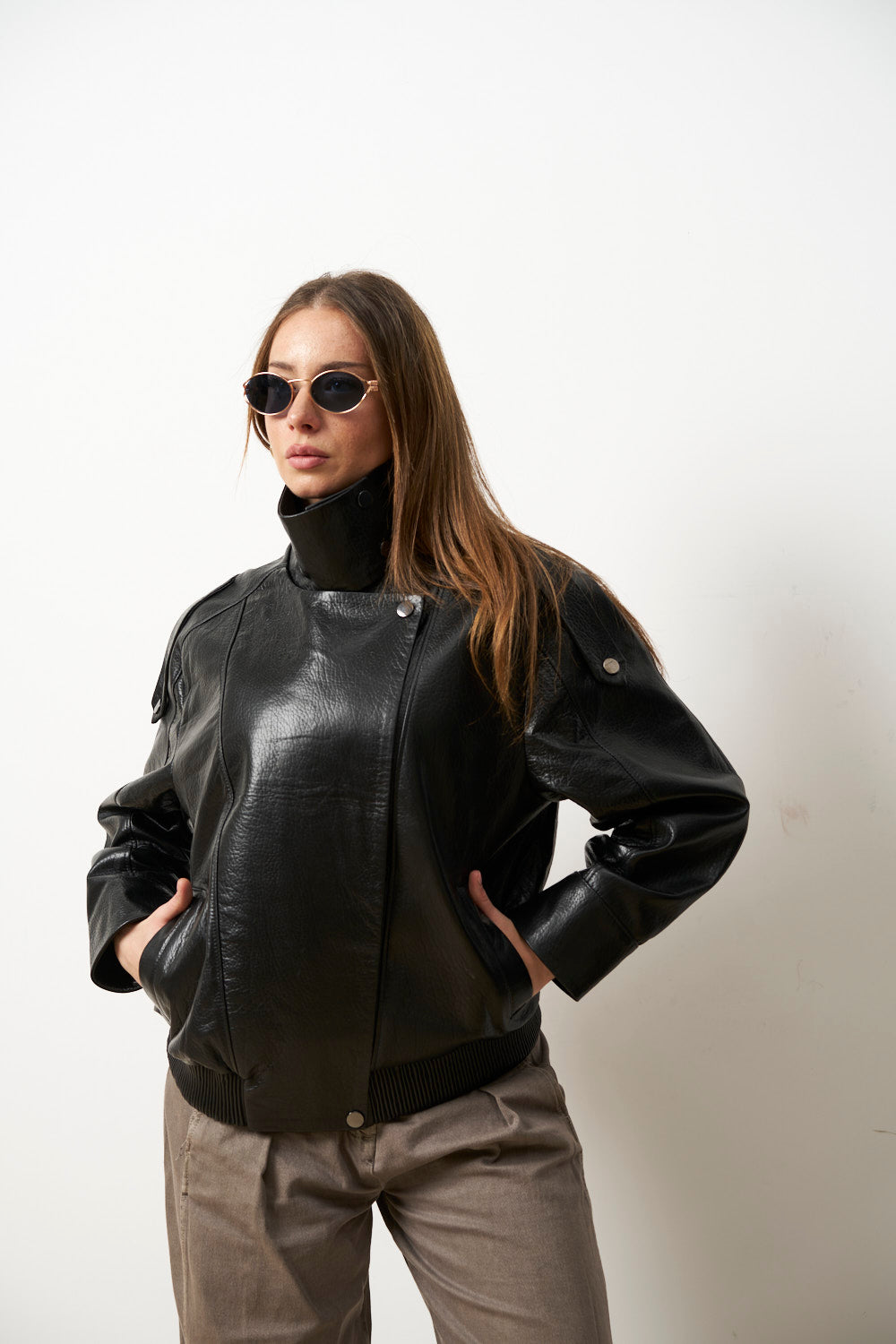 Geacă din Piele Naturală pentru Femei, Oversized, Bomber, Neagra, Mareus