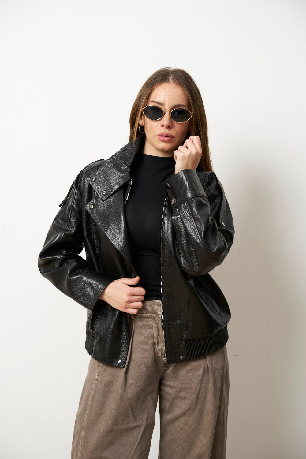 Geacă din Piele Naturală pentru Femei, Oversized, Bomber, Neagra, Mareus