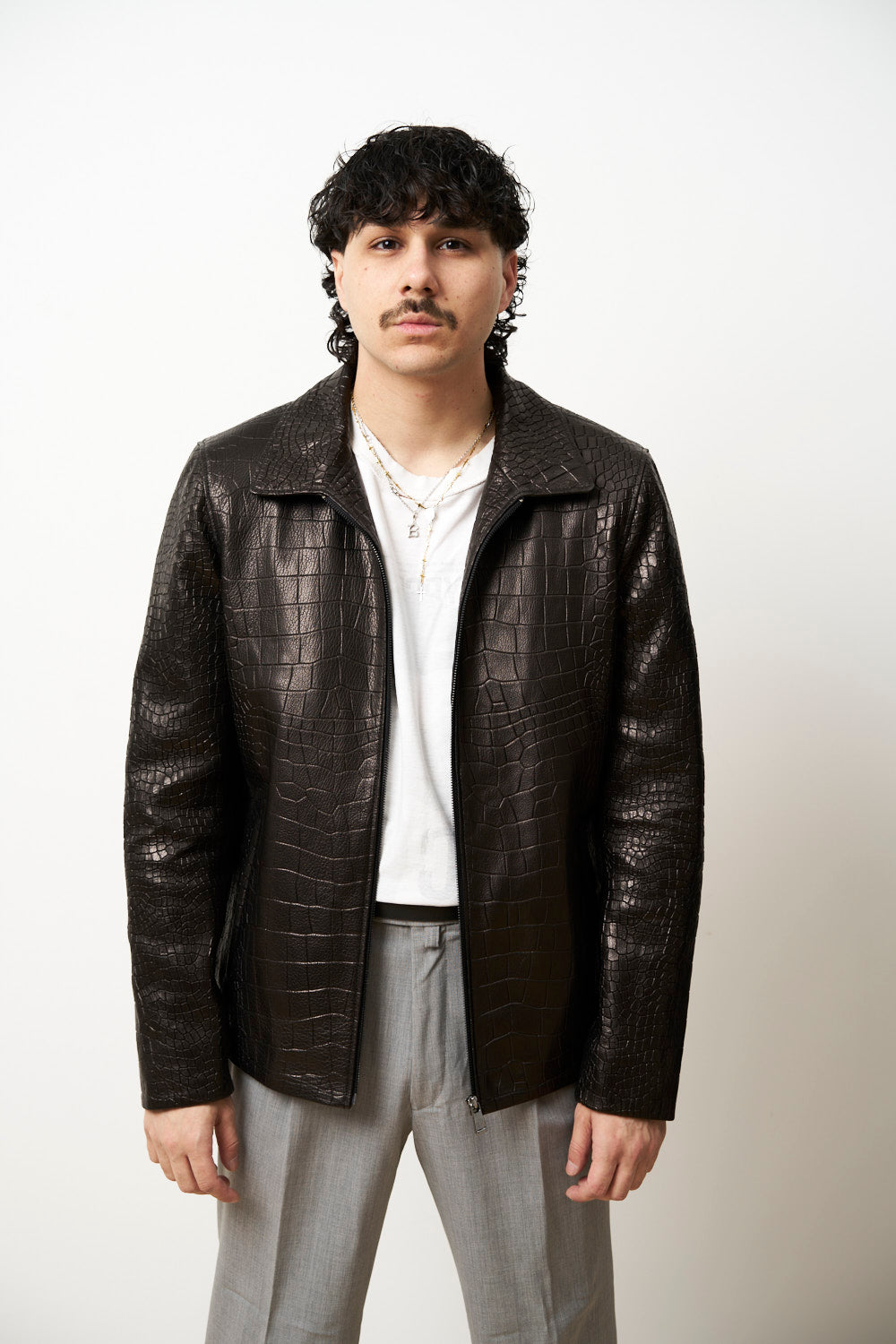 Geacă din Piele Naturală pentru Bărbați, Textură Crocodil, Neagra, Mareus