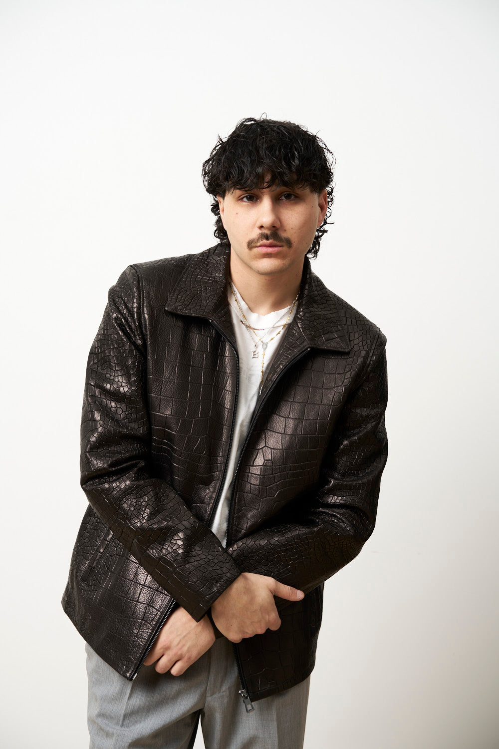 Geacă din Piele Naturală pentru Bărbați, Textură Crocodil, Neagra, Mareus