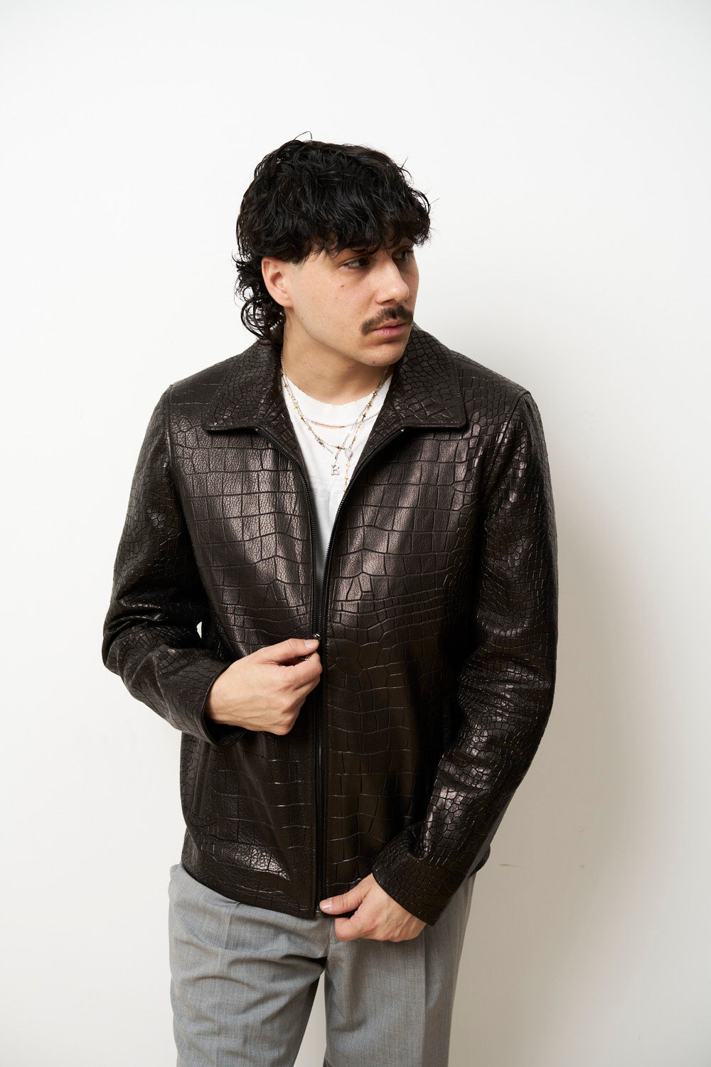 Geacă din Piele Naturală pentru Bărbați, Textură Crocodil, Neagra, Mareus