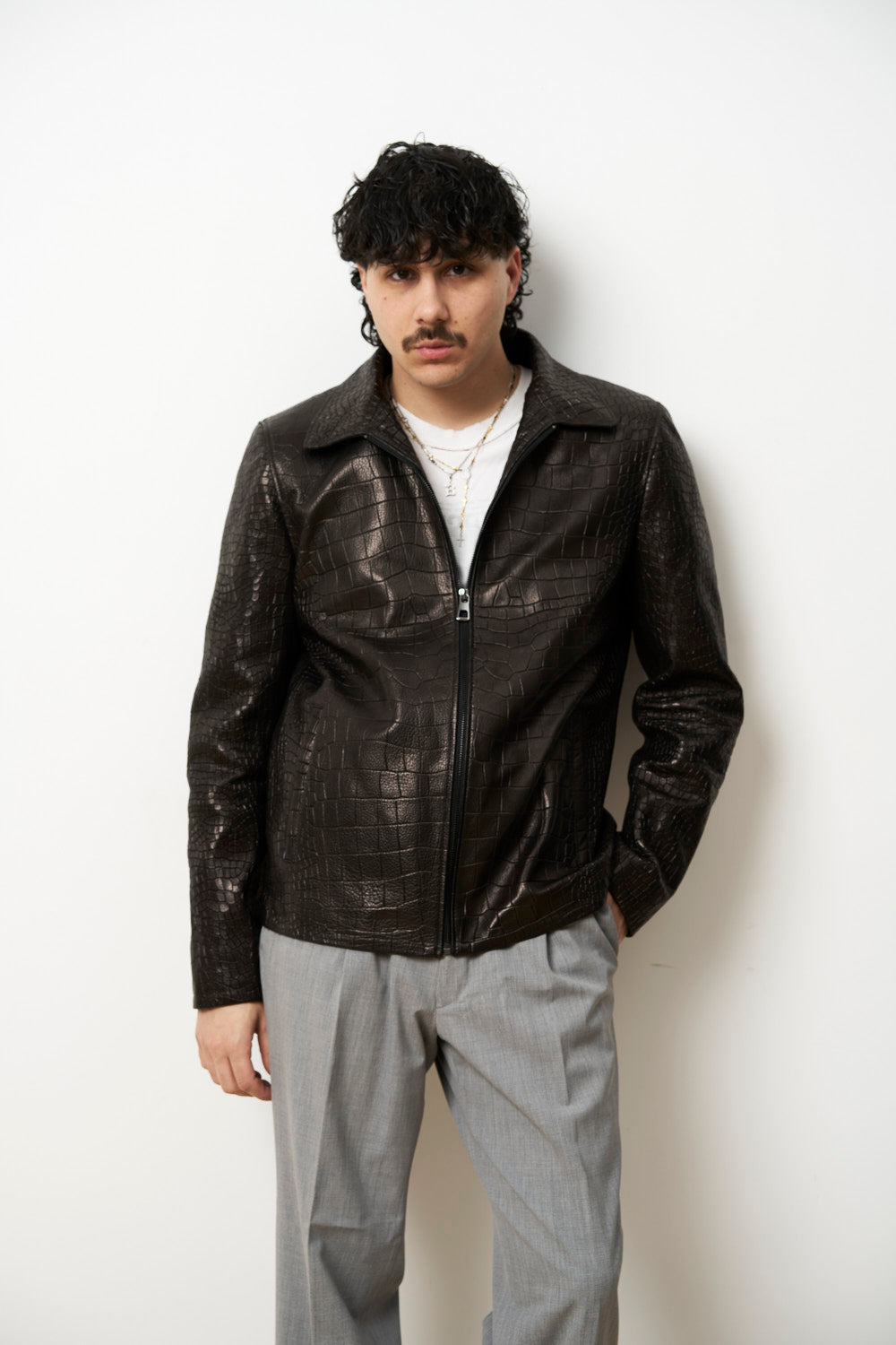 Geacă din Piele Naturală pentru Bărbați, Textură Crocodil, Neagra, Mareus