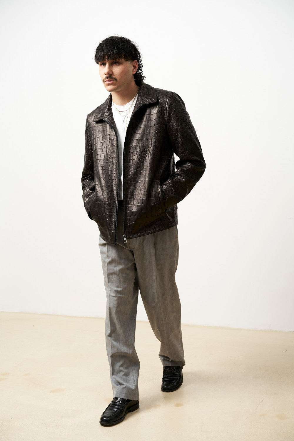 Geacă din Piele Naturală pentru Bărbați, Textură Crocodil, Neagra, Mareus