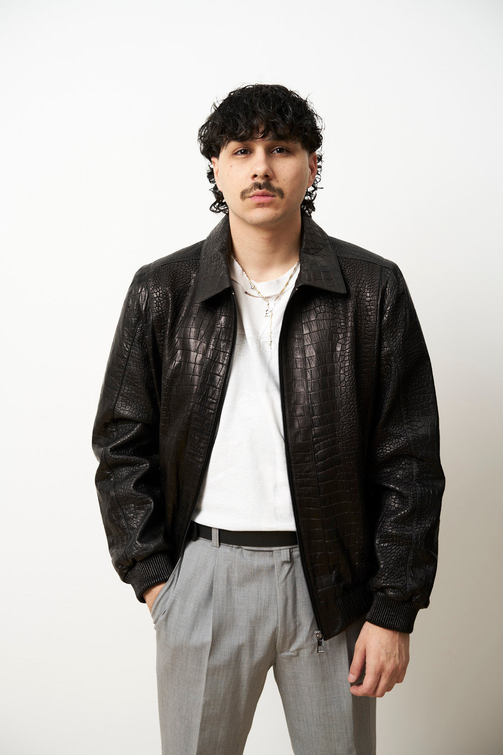 Geacă din Piele Naturală pentru Bărbați, Textură Crocodil, Neagra, Mareus