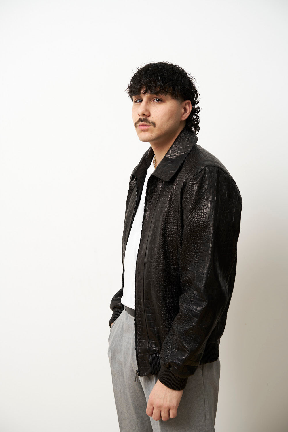 Geacă din Piele Naturală pentru Bărbați, Textură Crocodil, Neagra, Mareus