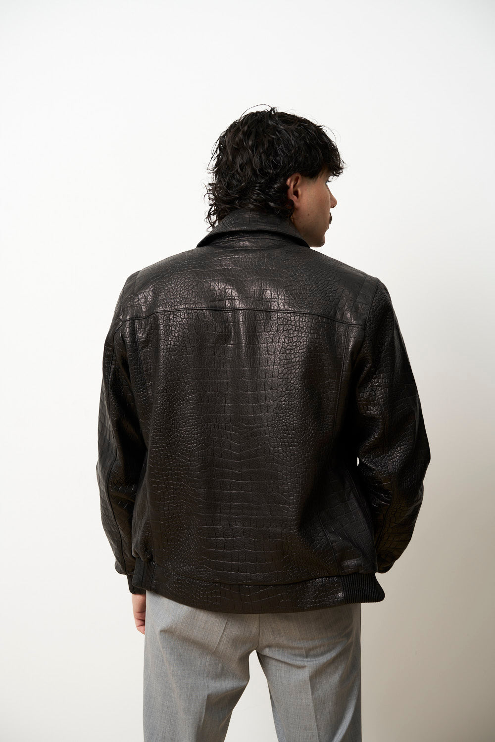 Geacă din Piele Naturală pentru Bărbați, Textură Crocodil, Neagra, Mareus