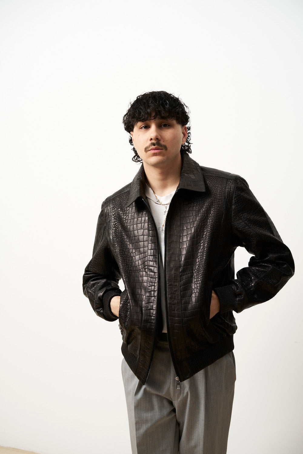 Geacă din Piele Naturală pentru Bărbați, Textură Crocodil, Neagra, Mareus