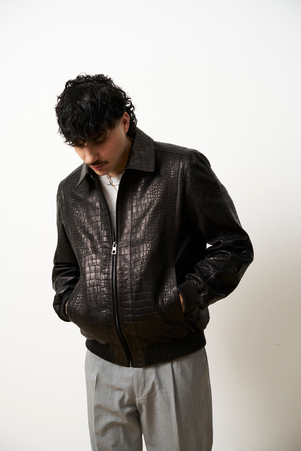 Geacă din Piele Naturală pentru Bărbați, Textură Crocodil, Neagra, Mareus