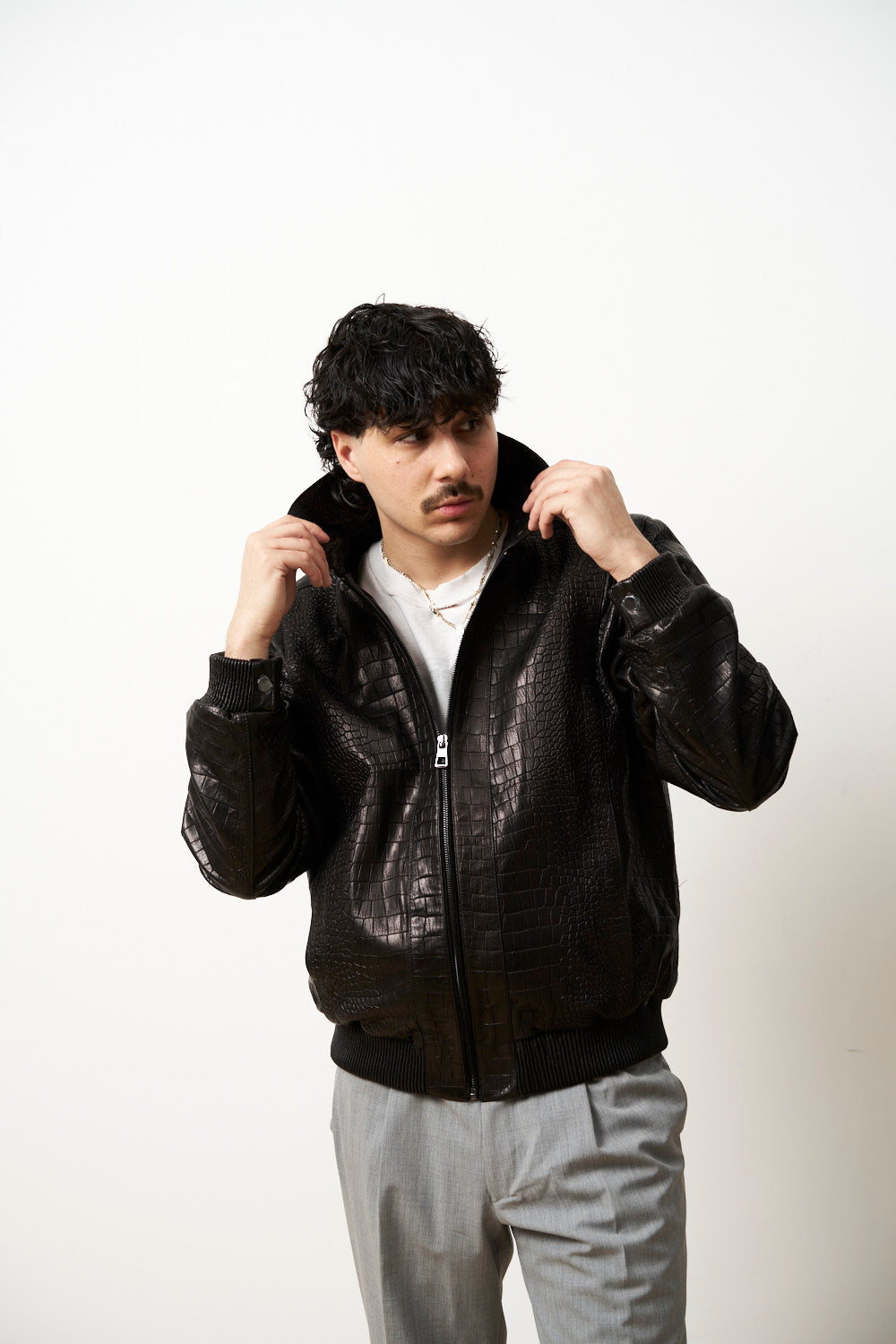 Geacă din Piele Naturală pentru Bărbați, Textură Crocodil, Neagra, Mareus