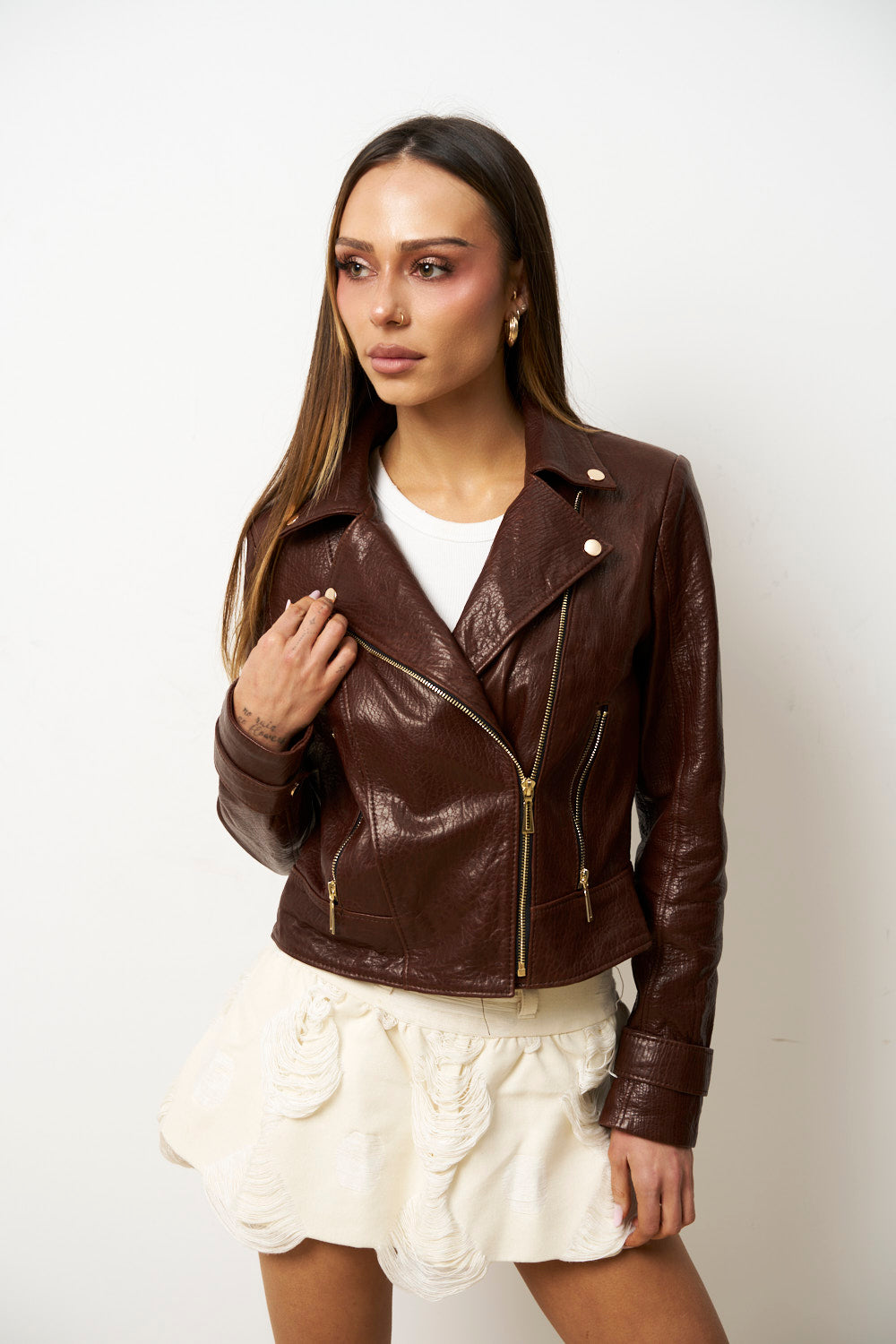 Geacă din Piele Naturală pentru Femei, Cambrata, Maro, Mareus