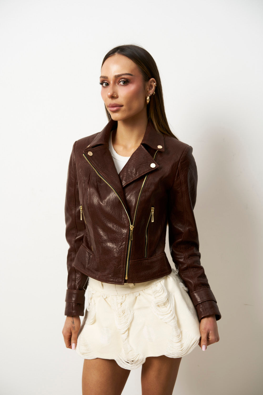 Geacă din Piele Naturală pentru Femei, Cambrata, Maro, Mareus