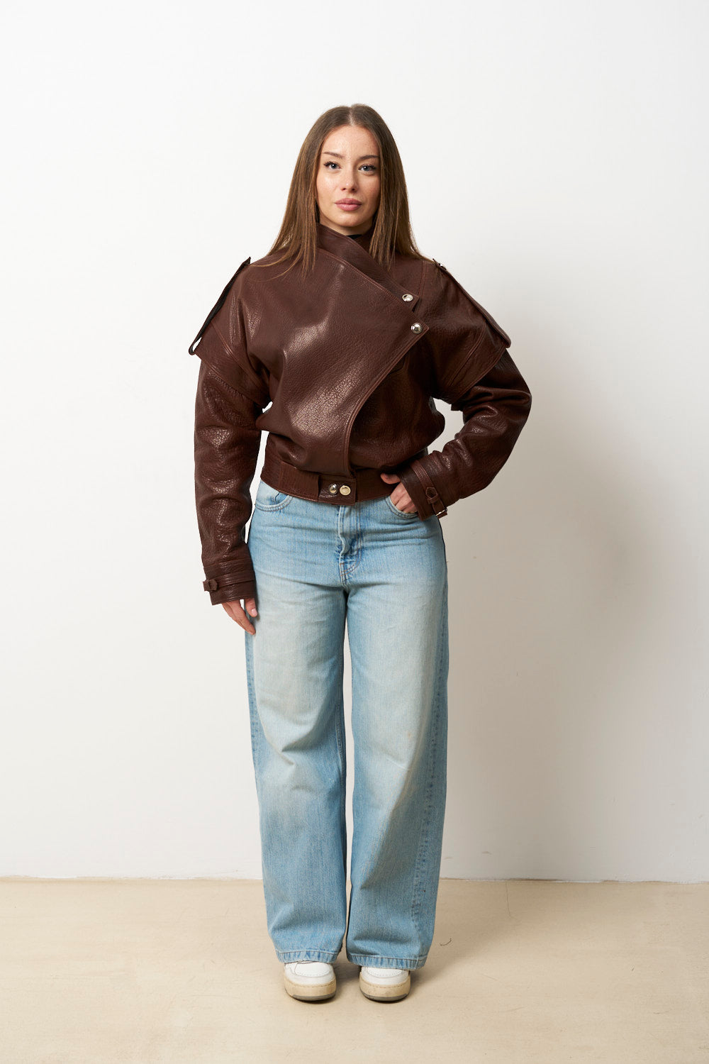 Geacă din Piele Naturală pentru Femei, Maro, Oversized, Mareus