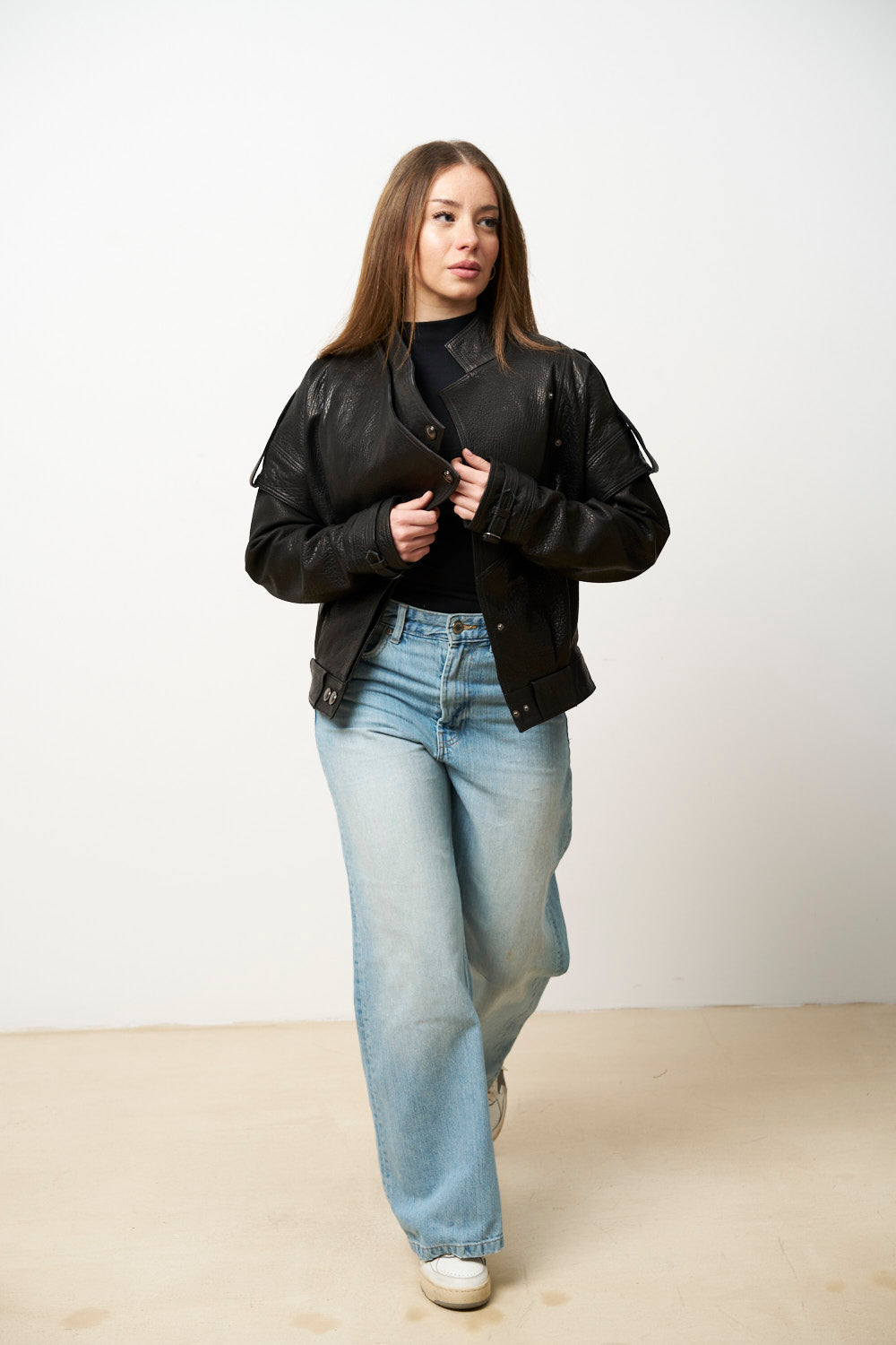 Geacă din Piele Naturală pentru Femei, Jumbo, Neagra, Mareus