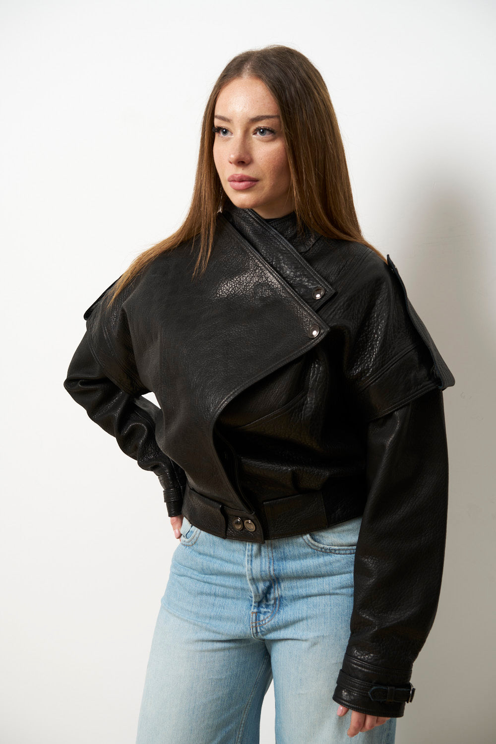 Geacă din Piele Naturală pentru Femei, Jumbo, Neagra, Mareus