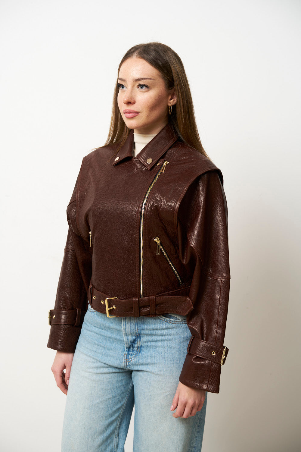 Geacă din Piele Naturală pentru Femei, Oversized, Maro, Mareus