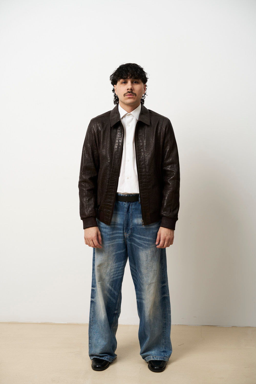 Geacă din Piele Naturală pentru Bărbați, Textură Crocodil, Maro, Mareus