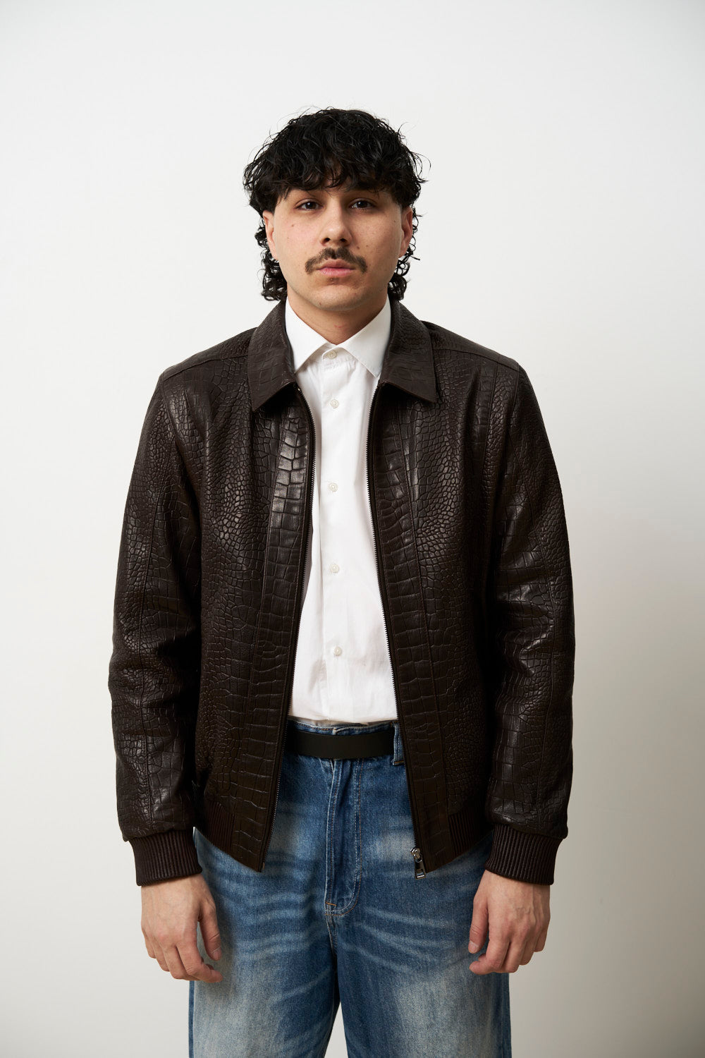 Geacă din Piele Naturală pentru Bărbați, Textură Crocodil, Maro, Mareus