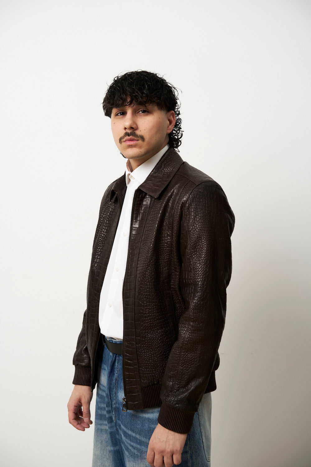 Geacă din Piele Naturală pentru Bărbați, Textură Crocodil, Maro, Mareus