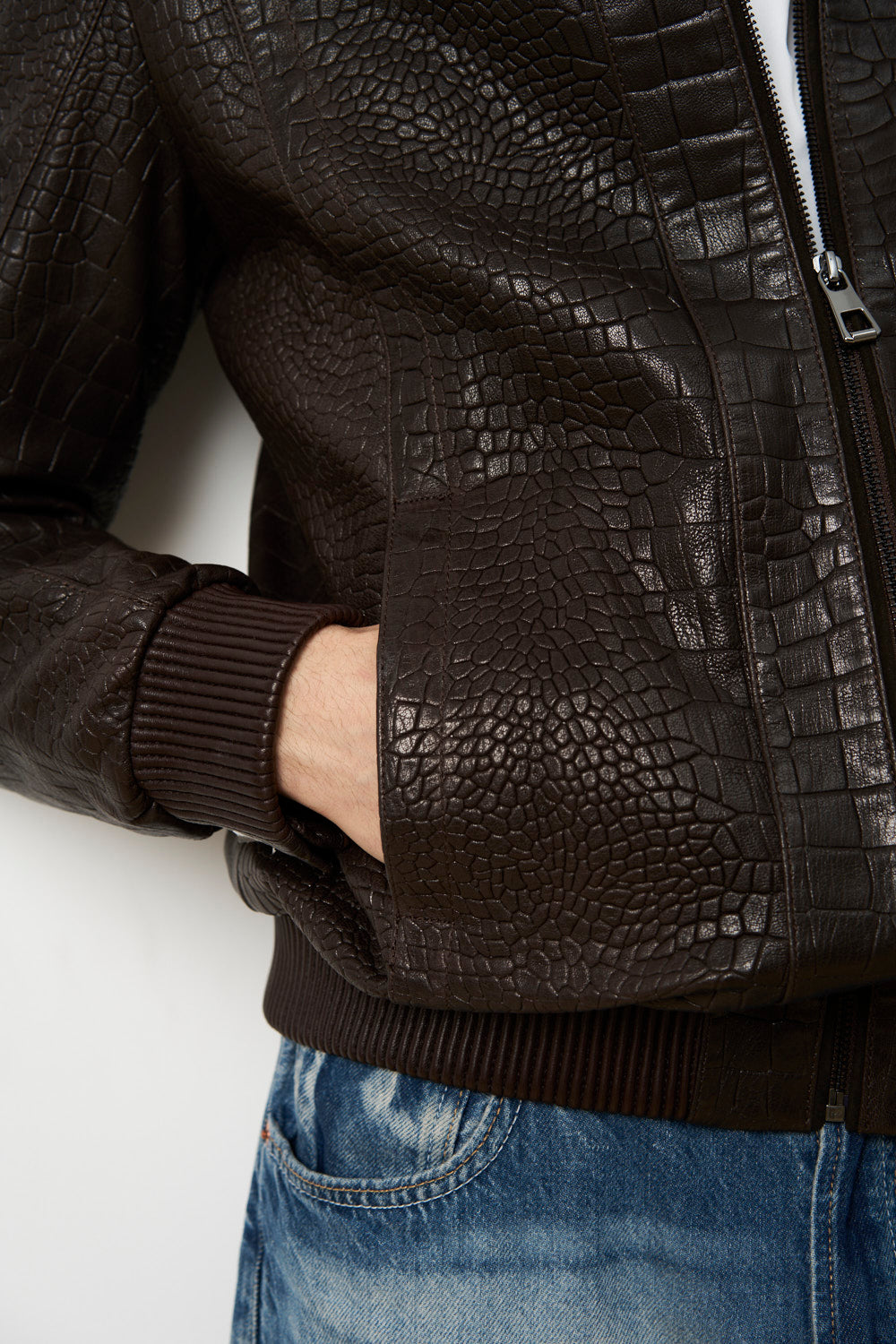 Geacă din Piele Naturală pentru Bărbați, Textură Crocodil, Maro, Mareus