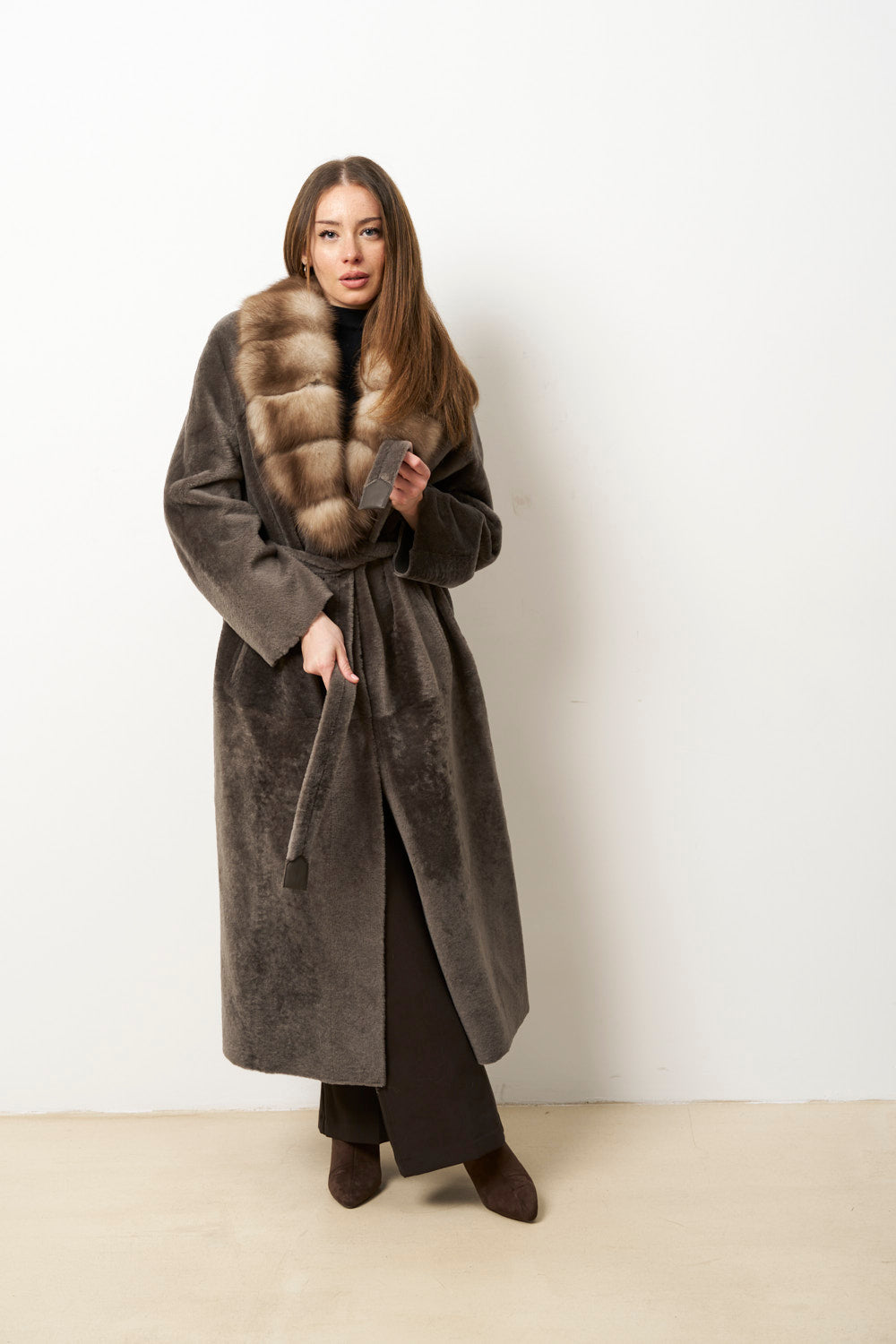 Haină Blană Naturală din Lână Merinos Spaniol și Guler din Blană Jder, Femei, Gri, Mareus