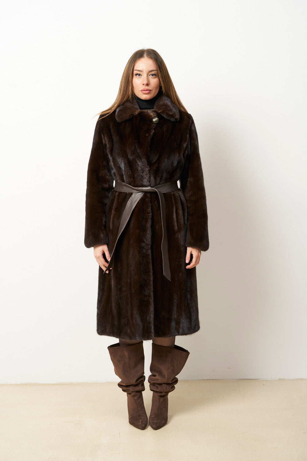 Haină Lungă din Blană Naturală de Vizon pentru Femei, Cu Cordon, Maro, Mareus