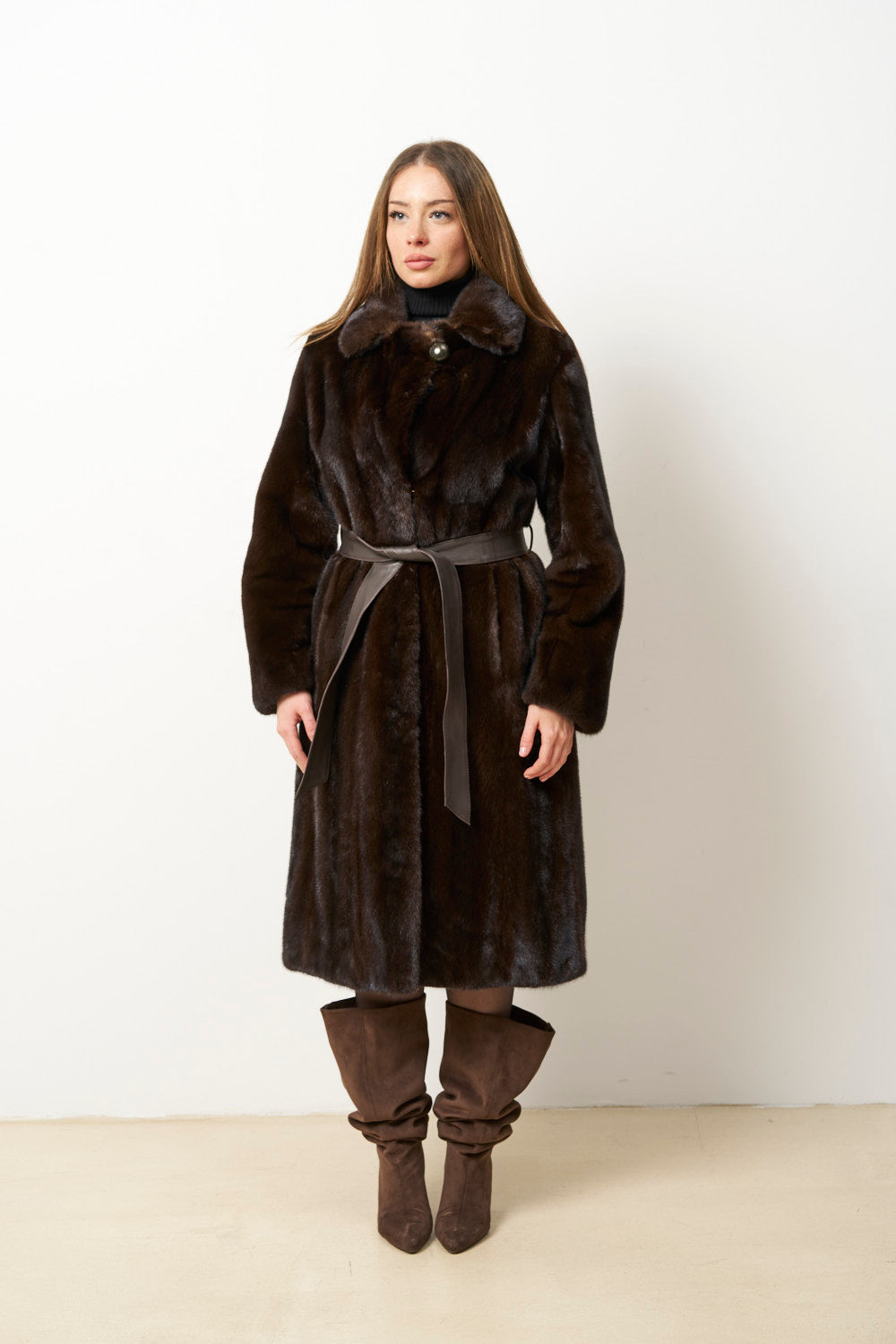 Haină Lungă din Blană Naturală de Vizon pentru Femei, Cu Cordon, Maro, Mareus