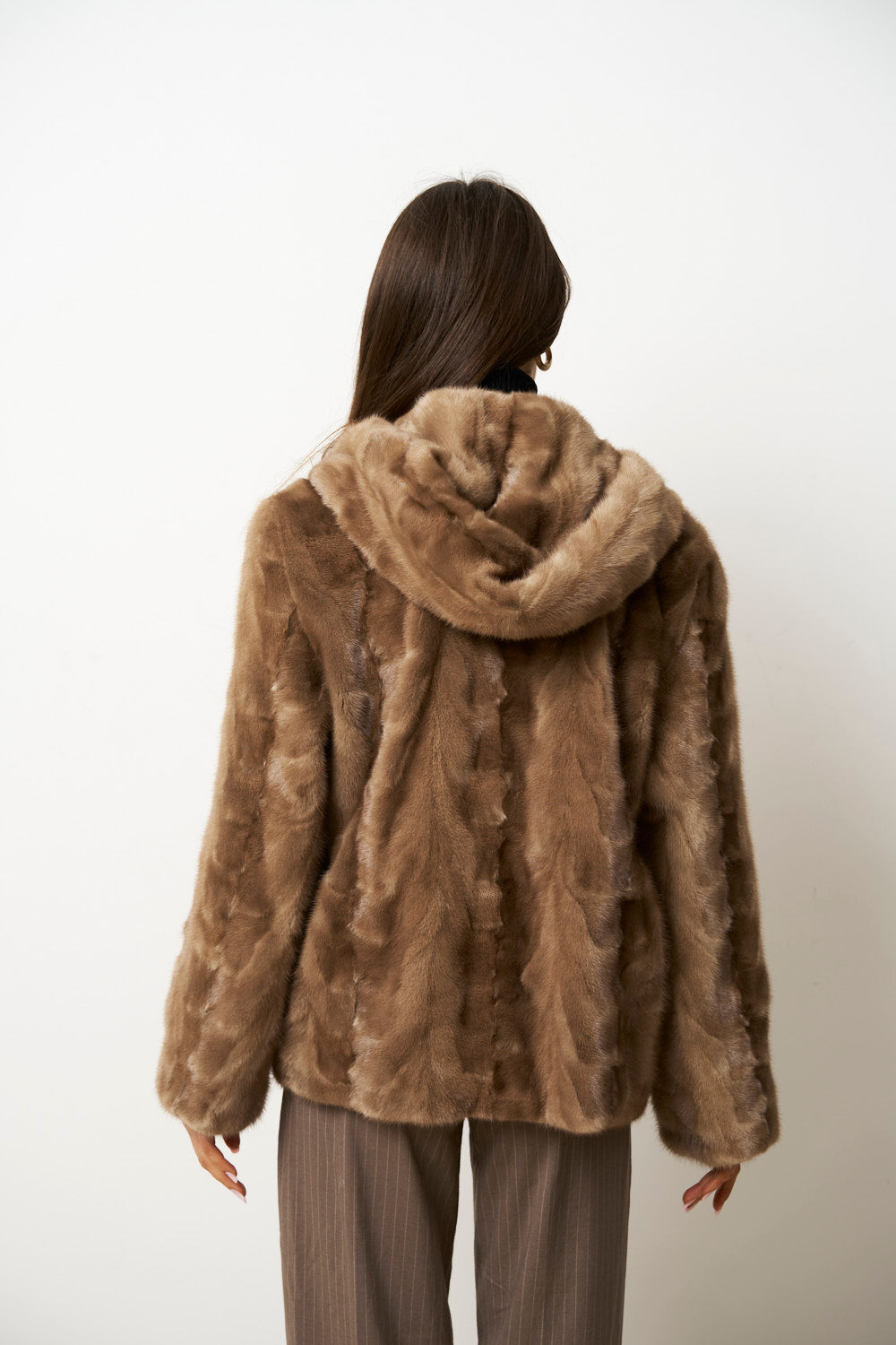 Haină din Blană Naturală de Vizon cu Glugă pentru Femei, Maro Pastel, Cambrata, Mareus