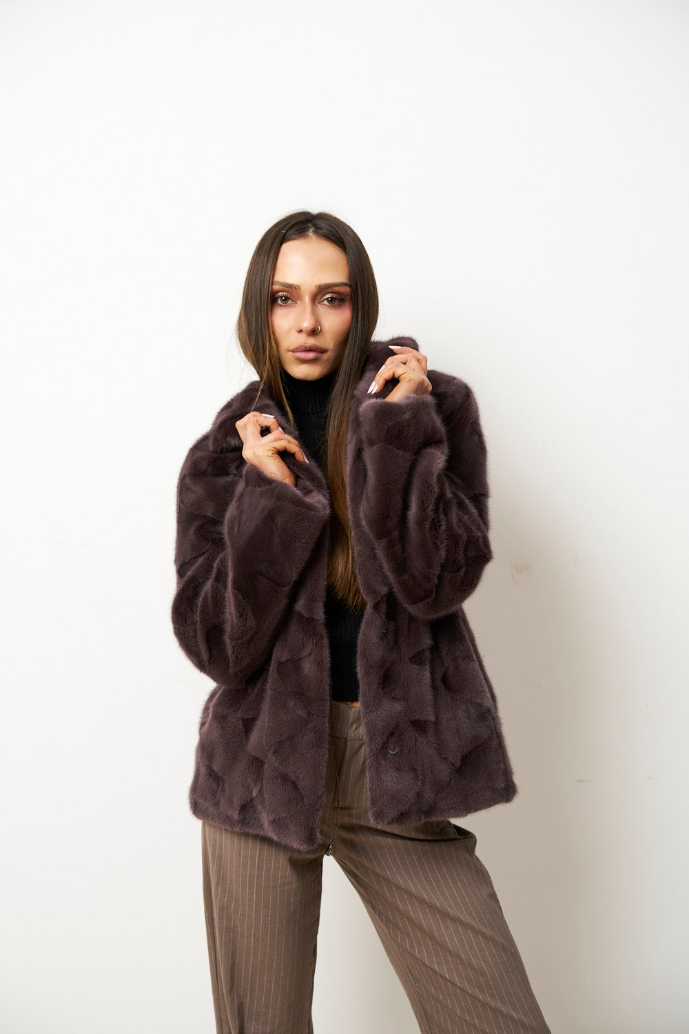 Haină din Blană Naturală de Vizon pentru Femei, Cambrata, Mov Pudra, Mareus