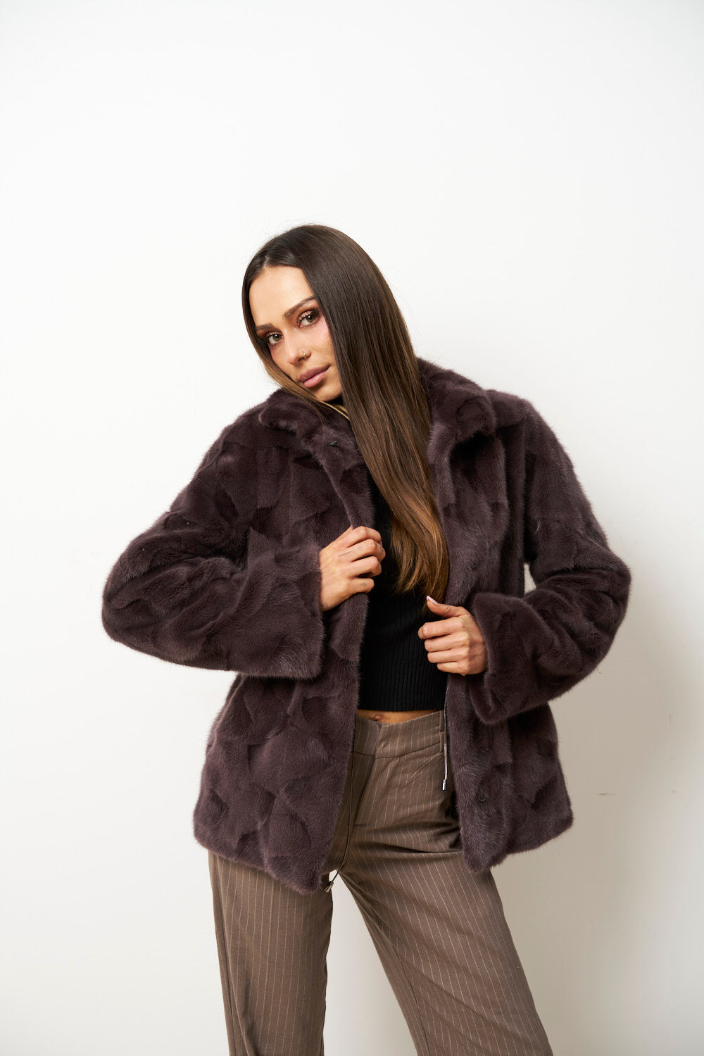 Haină din Blană Naturală de Vizon pentru Femei, Cambrata, Mov Pudra, Mareus