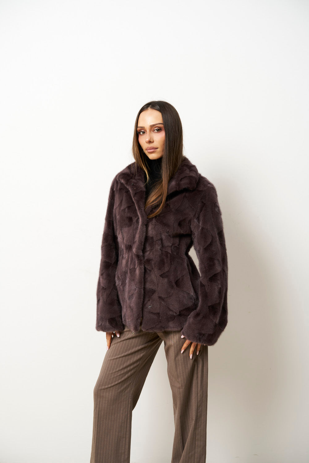 Haină din Blană Naturală de Vizon pentru Femei, Cambrata, Mov Pudra, Mareus