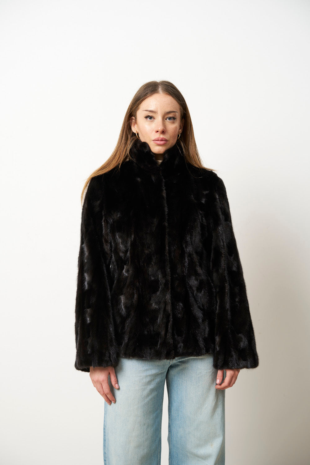 Haină din Blană Naturală de Vizon pentru Femei, Neagra, Mareus