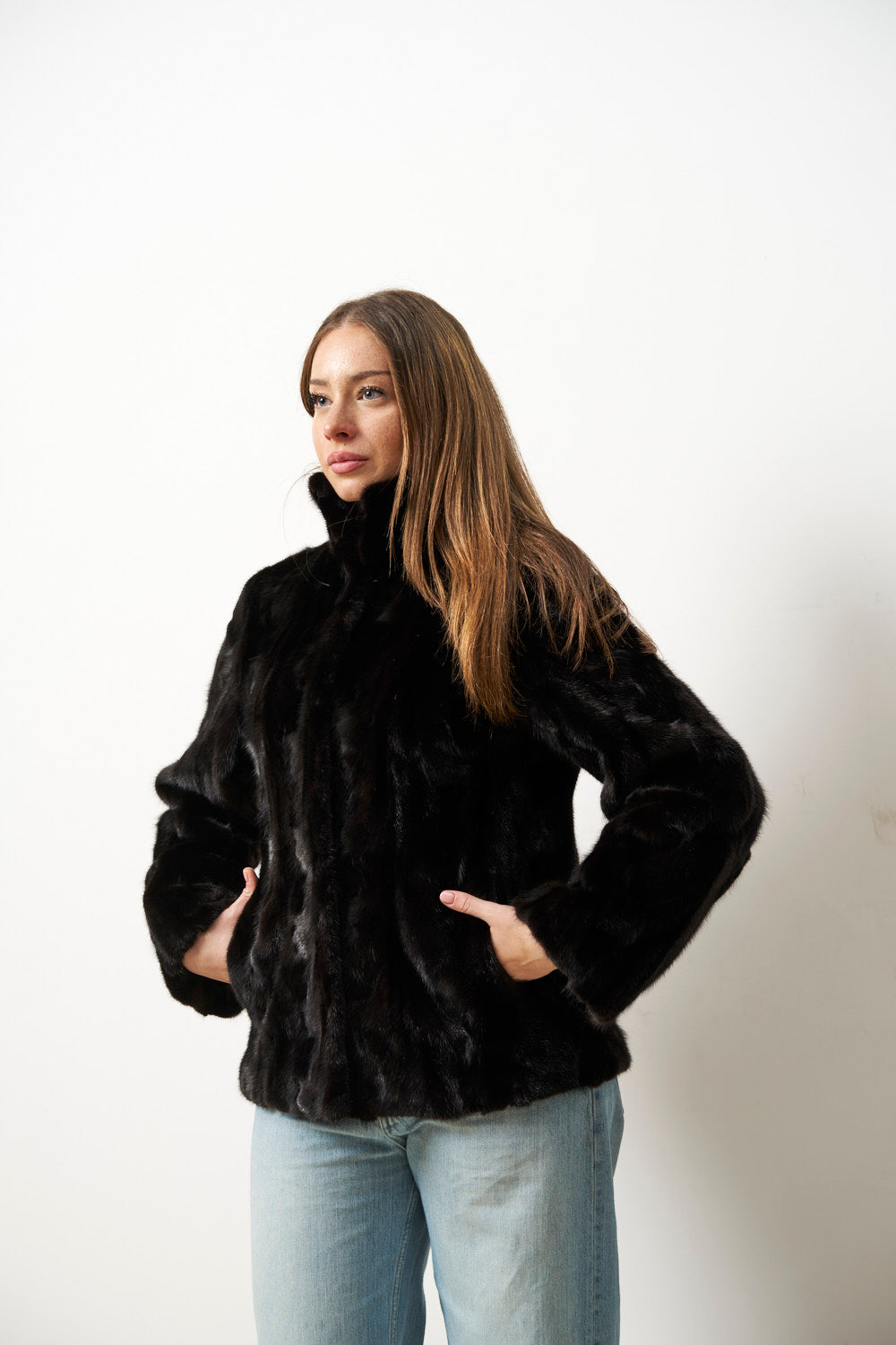 Haină din Blană Naturală de Vizon pentru Femei, Neagra, Mareus