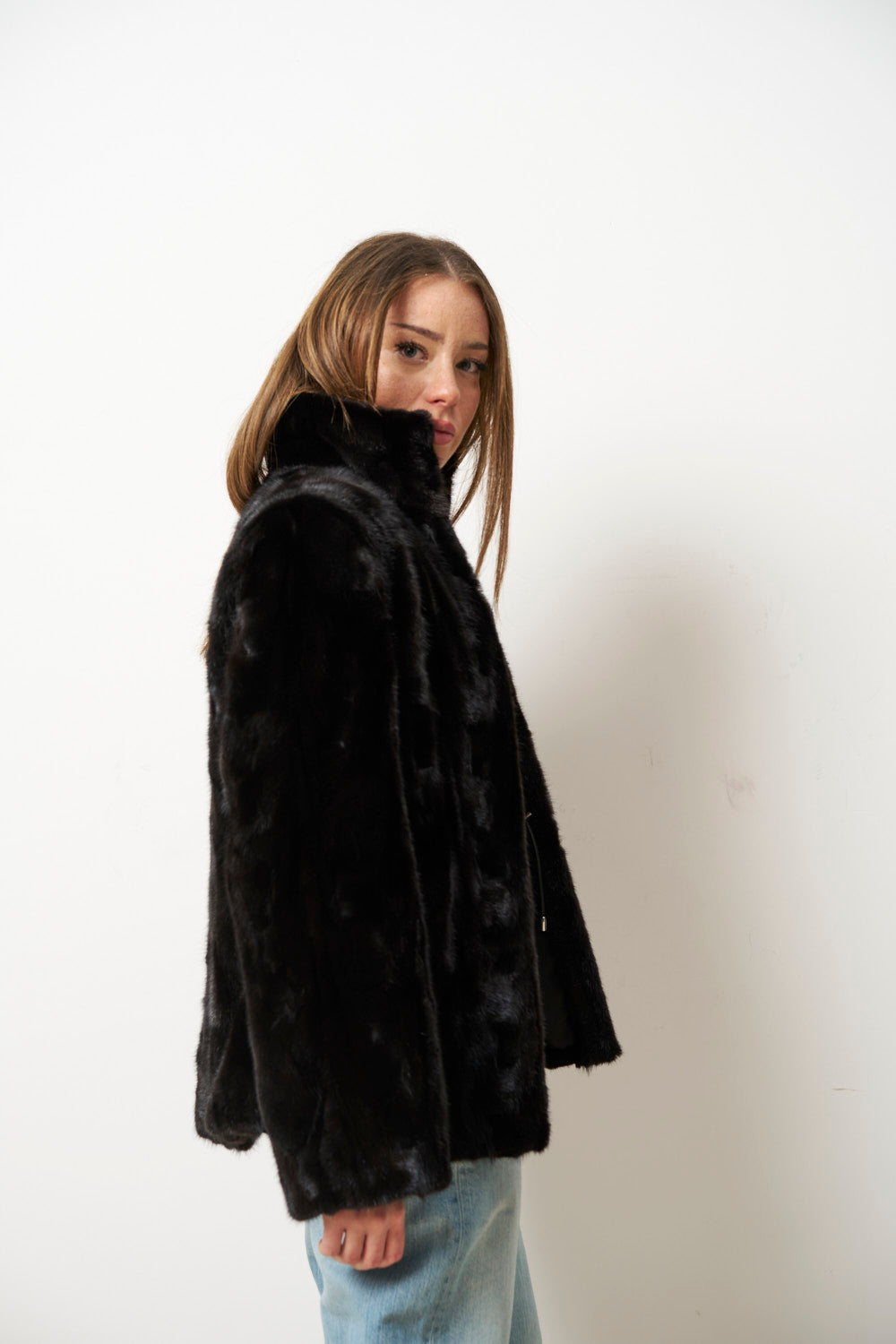 Haină din Blană Naturală de Vizon pentru Femei, Neagra, Mareus