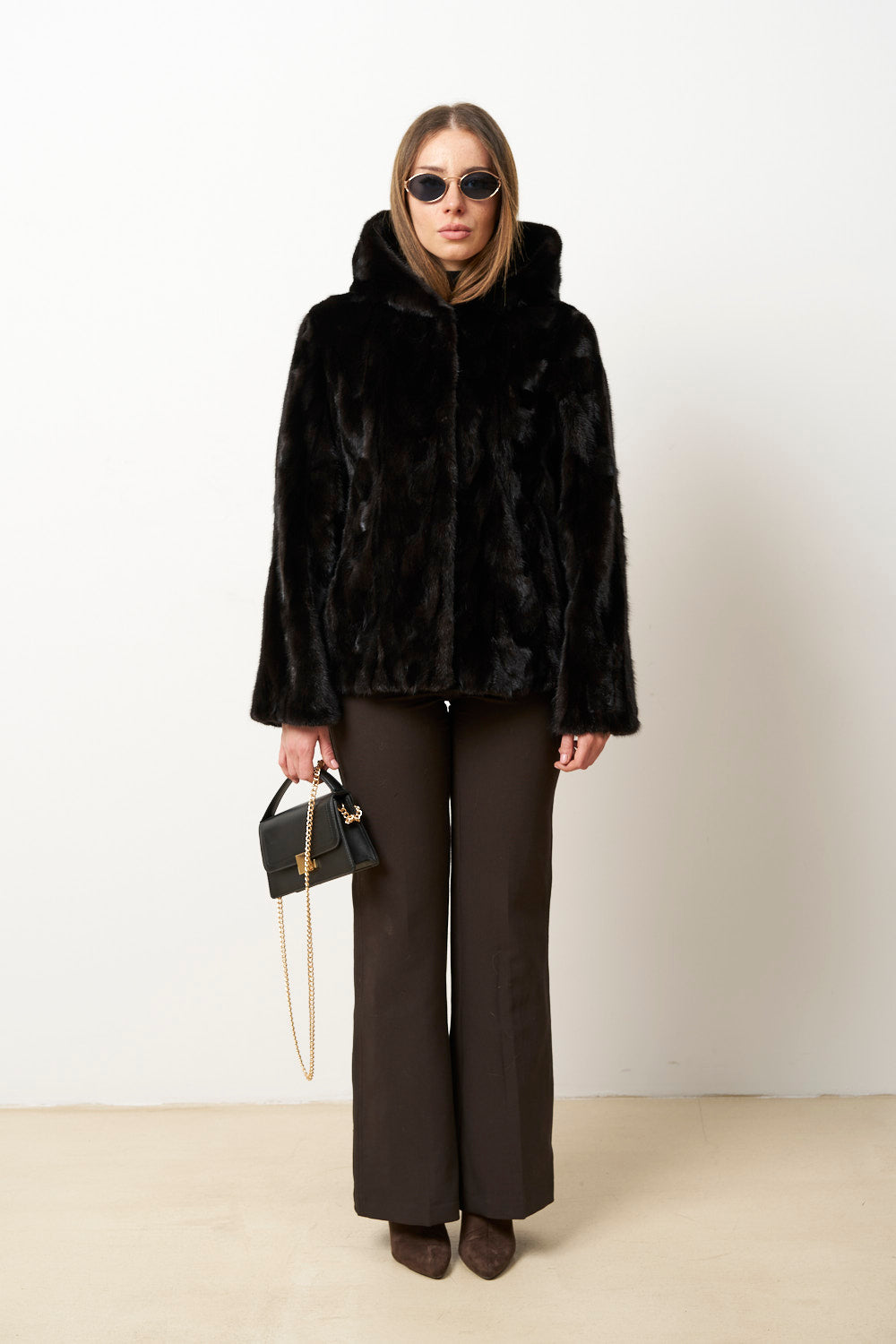 Haină din Blană Naturală de Vizon cu Glugă pentru Femei, Cambrata, Neagra, Mareus