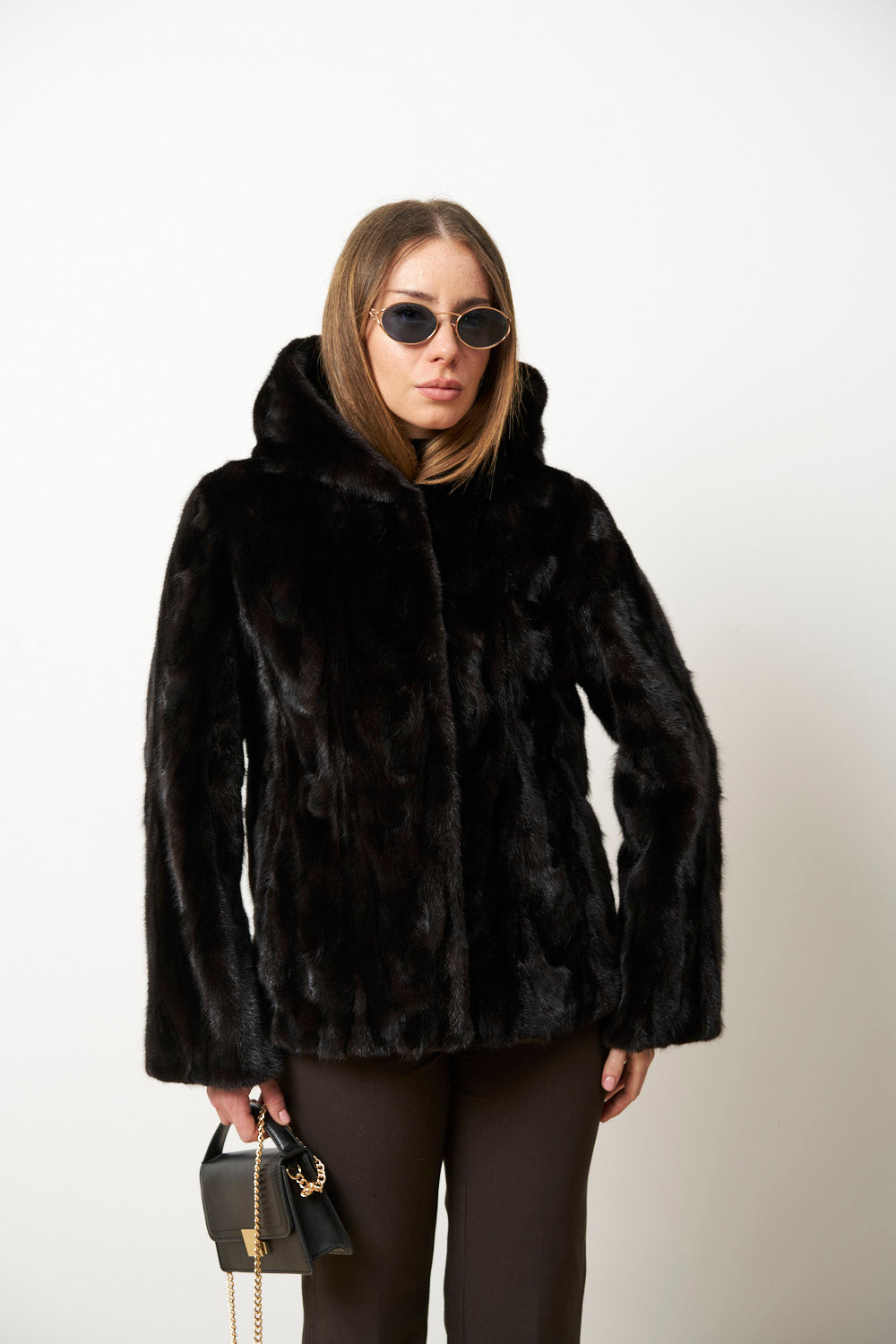 Haină din Blană Naturală de Vizon cu Glugă pentru Femei, Cambrata, Neagra, Mareus