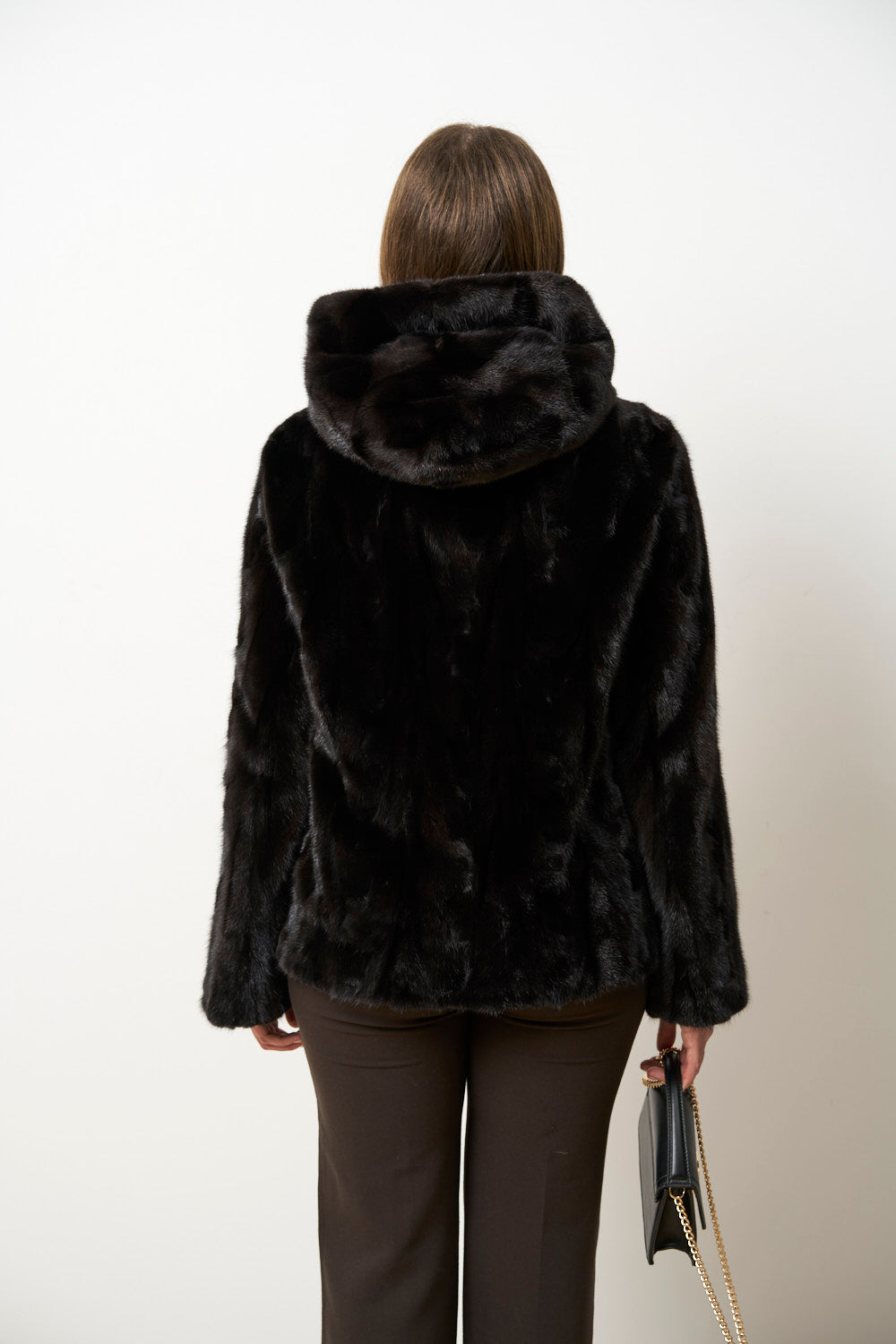 Haină din Blană Naturală de Vizon cu Glugă pentru Femei, Cambrata, Neagra, Mareus