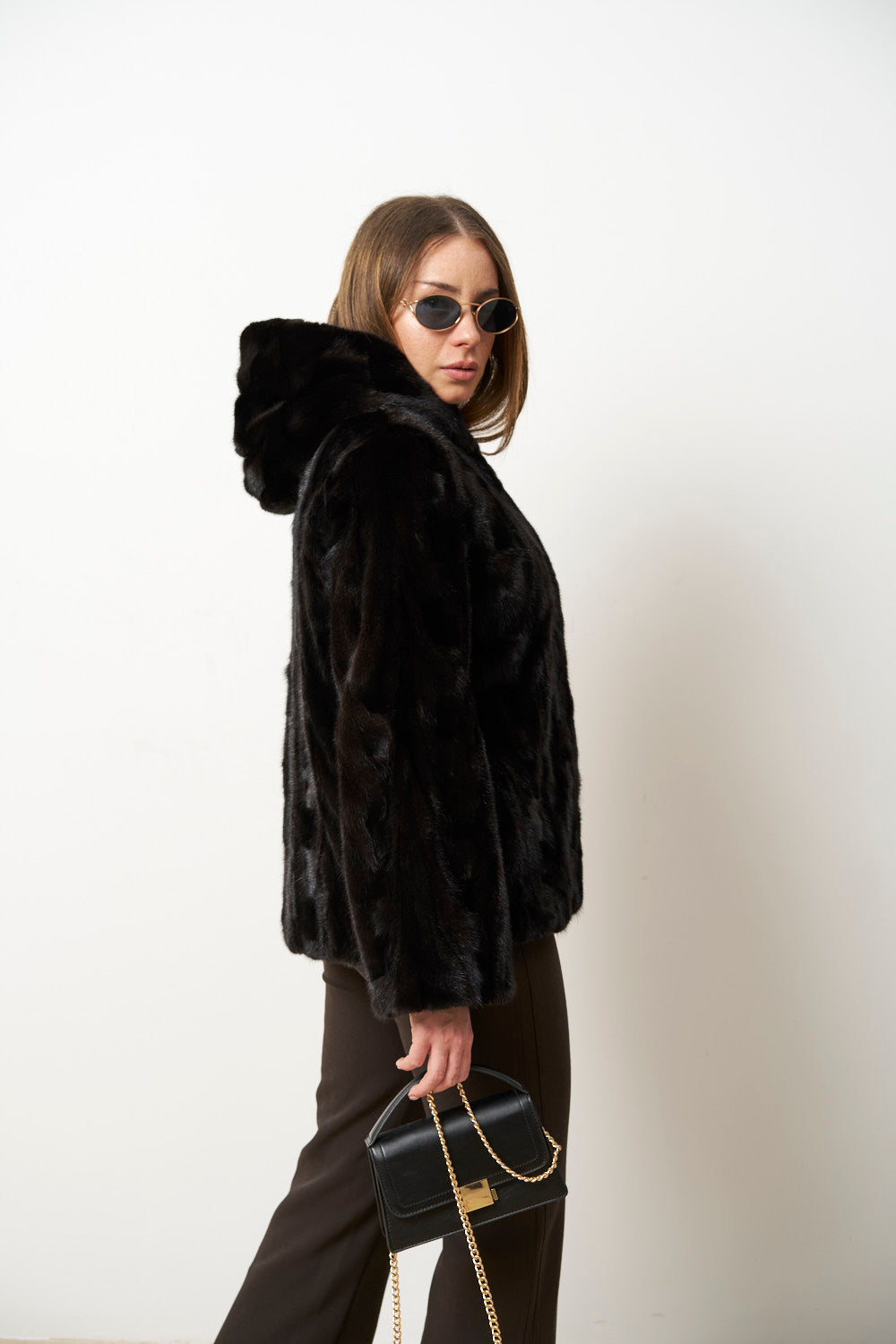 Haină din Blană Naturală de Vizon cu Glugă pentru Femei, Cambrata, Neagra, Mareus